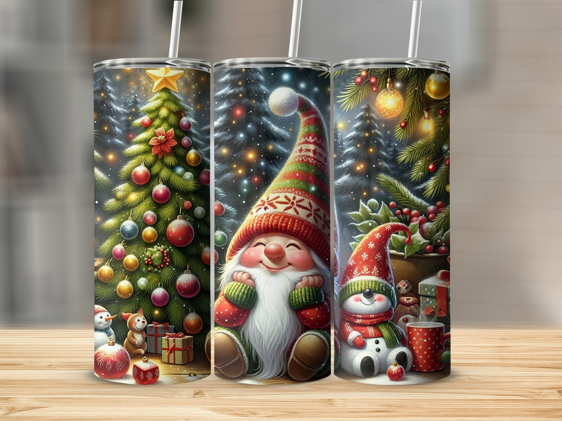 Three festive tumblers with Christmas trees, gnomes, and snowmen.