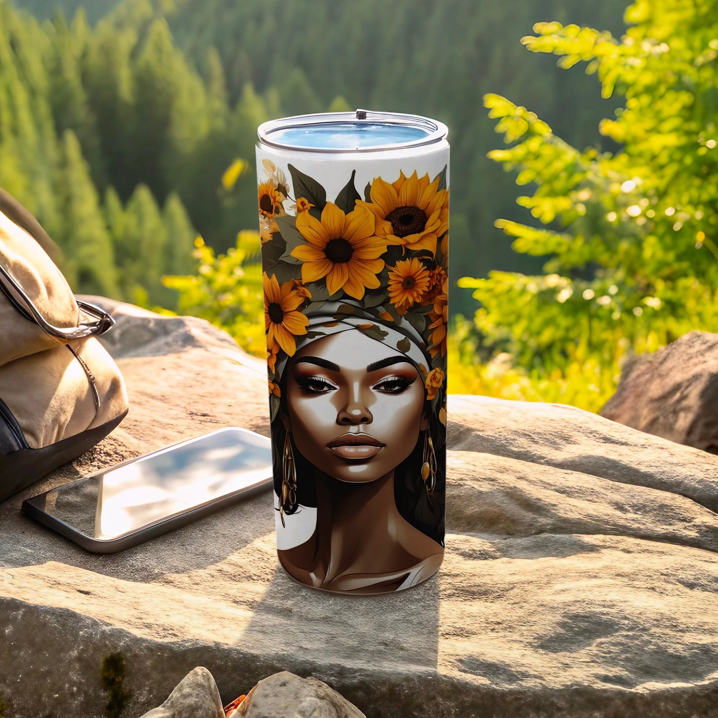 Tumbler with a Black woman's face adorned with sunflowers.