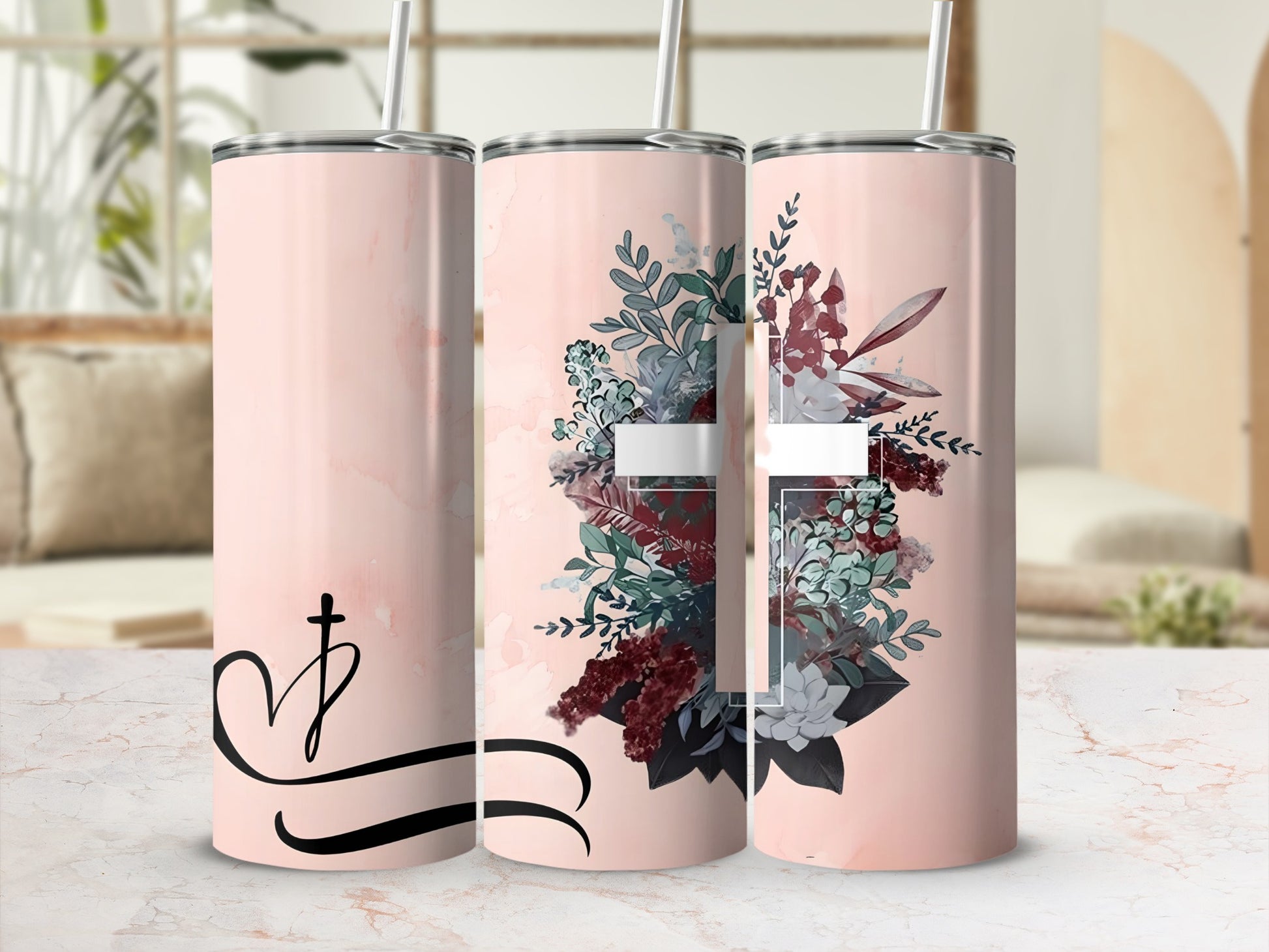 Floral Cross Design on Light Pink Tumbler