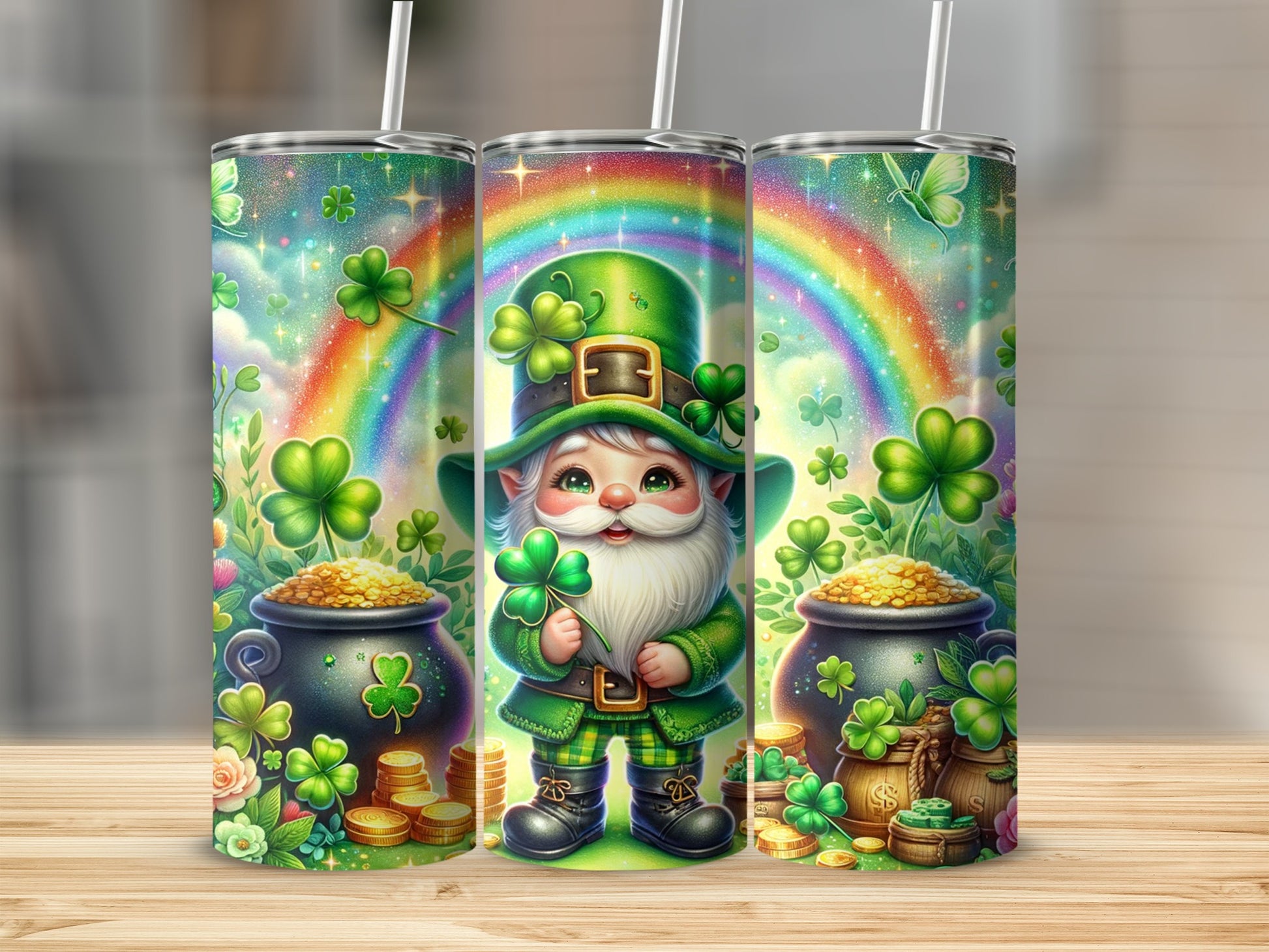 St. Patrick's Day tumbler with gnome, rainbows, clovers, and pots of gold.