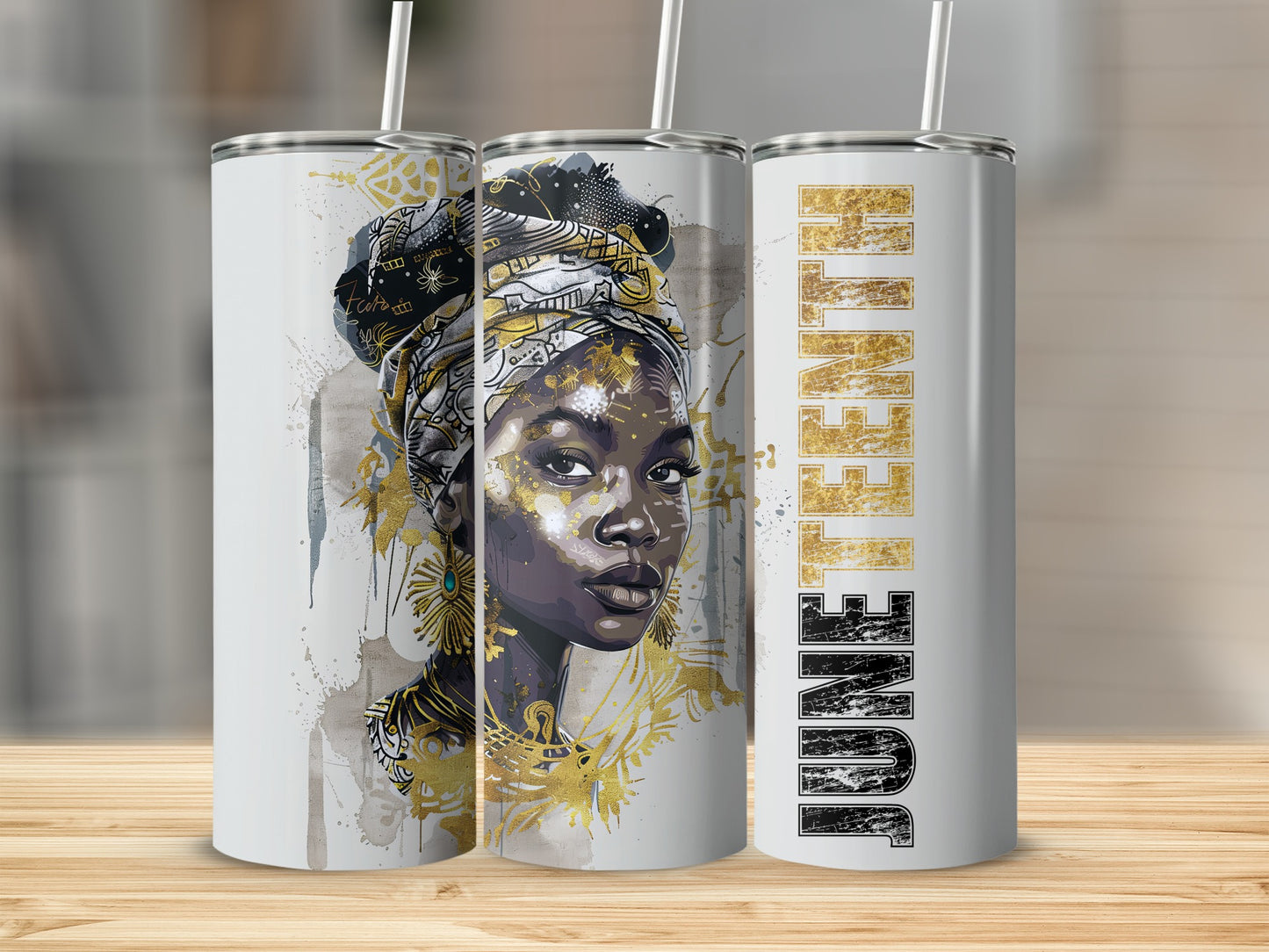 Juneteenth tumbler with portrait of Black woman in gold and black headwrap.