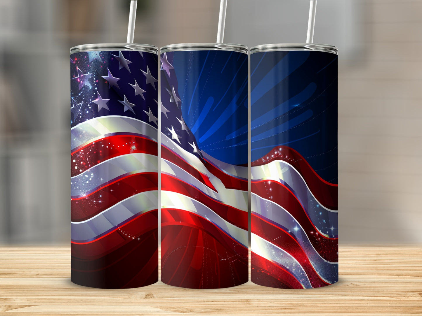 Three patriotic tumblers with American flag design and fireworks.