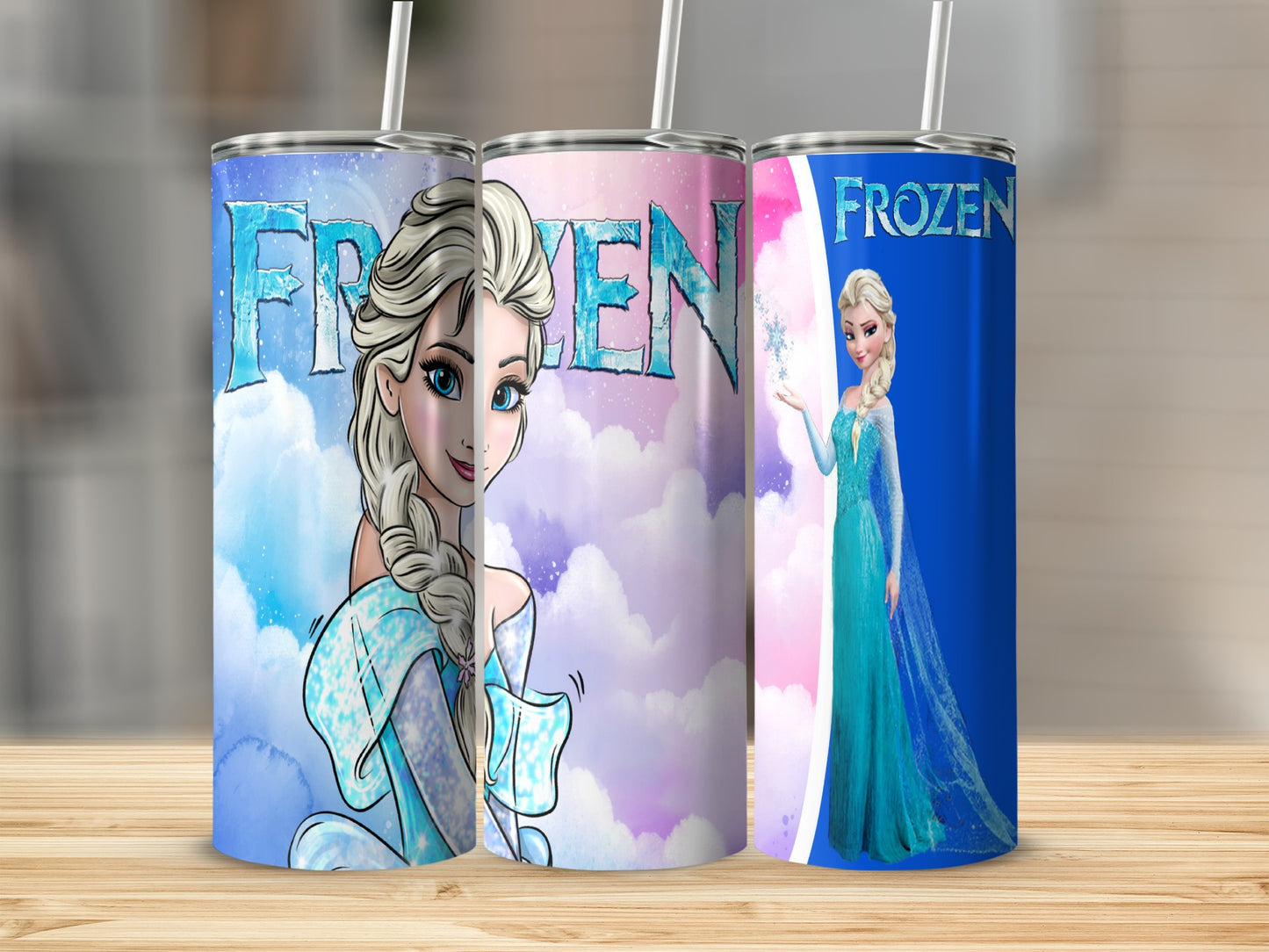 Three Frozen tumblers with Elsa in blue, pink, and purple sky backgrounds.