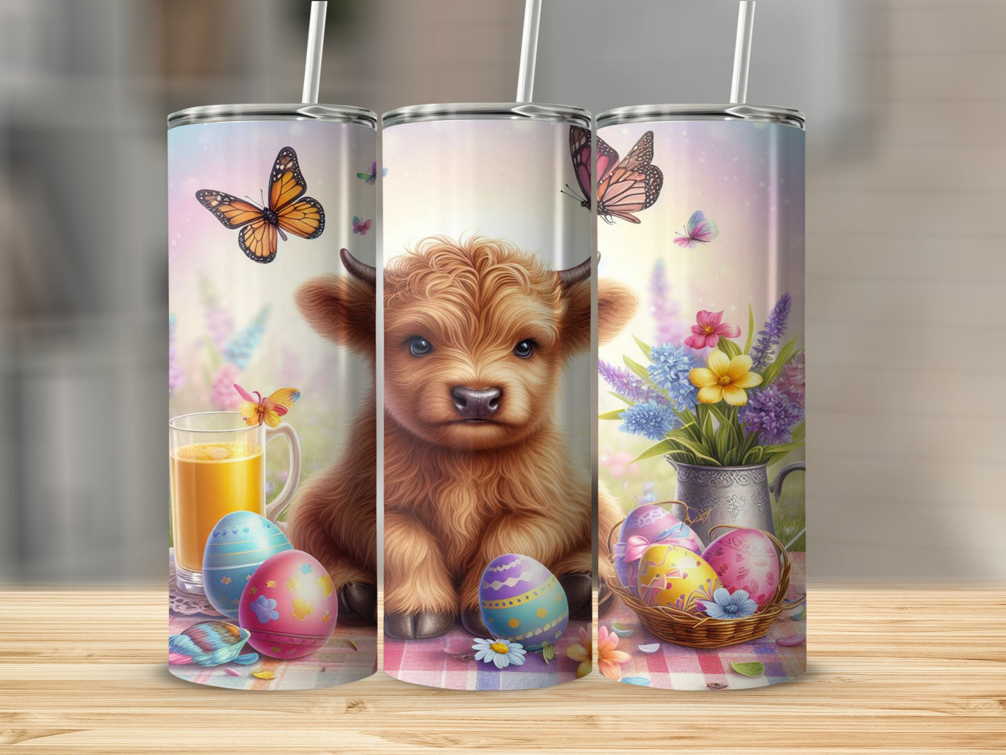 Highland calf with Easter eggs and butterflies on a tumbler.