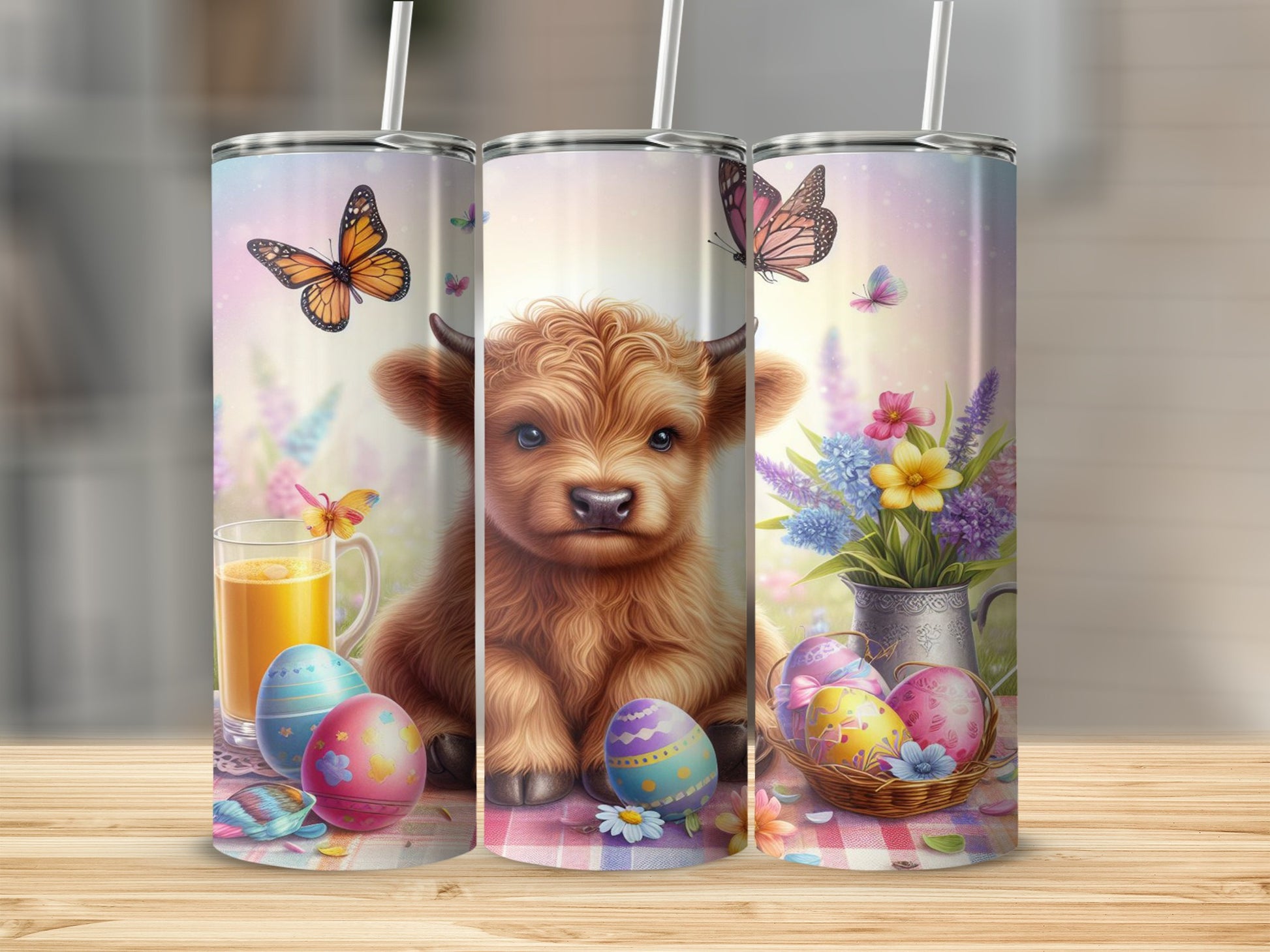 Highland calf with Easter eggs and butterflies on a tumbler.