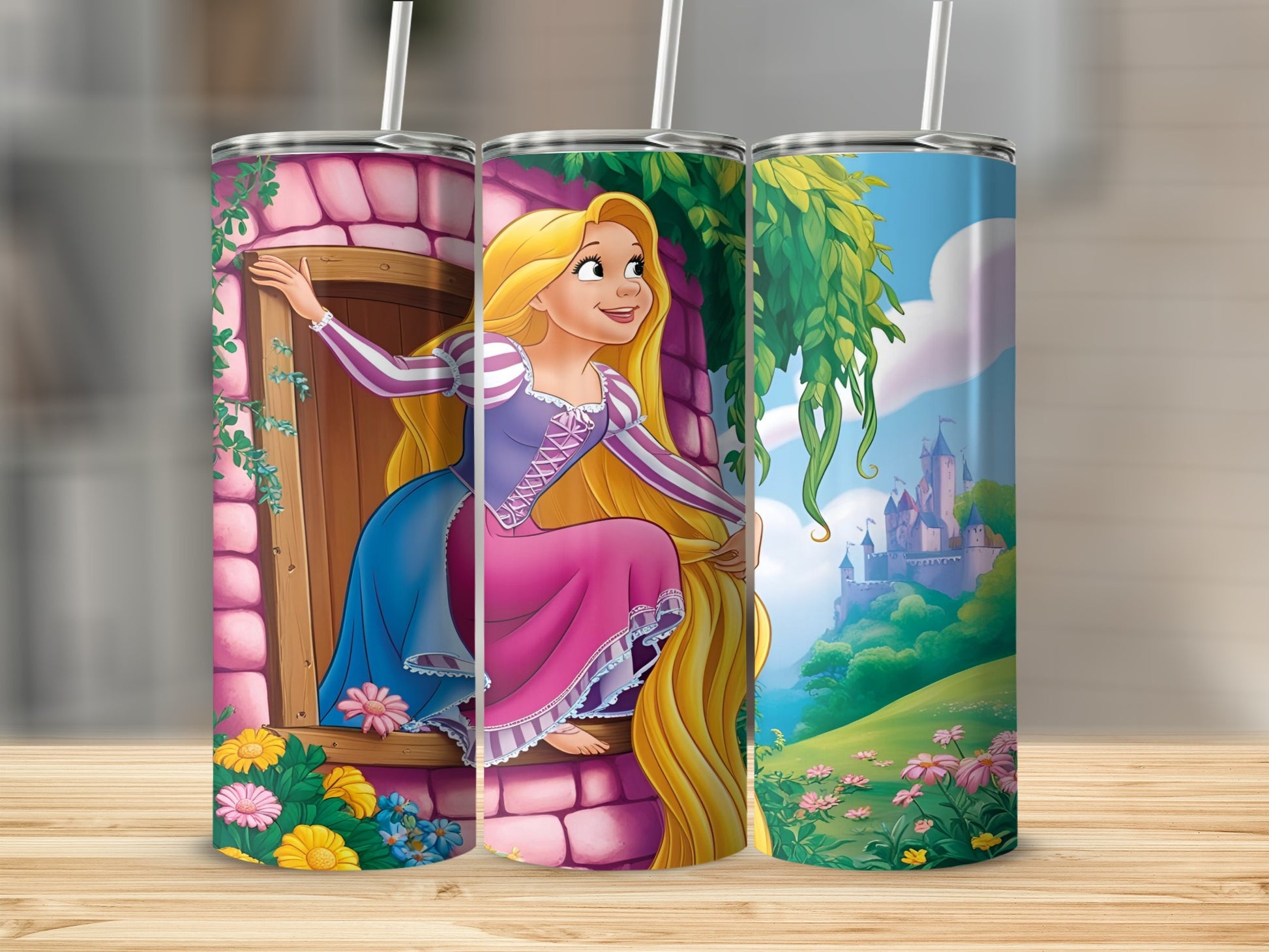 Tangled Rapunzel illustration on three stainless steel tumblers with straws.