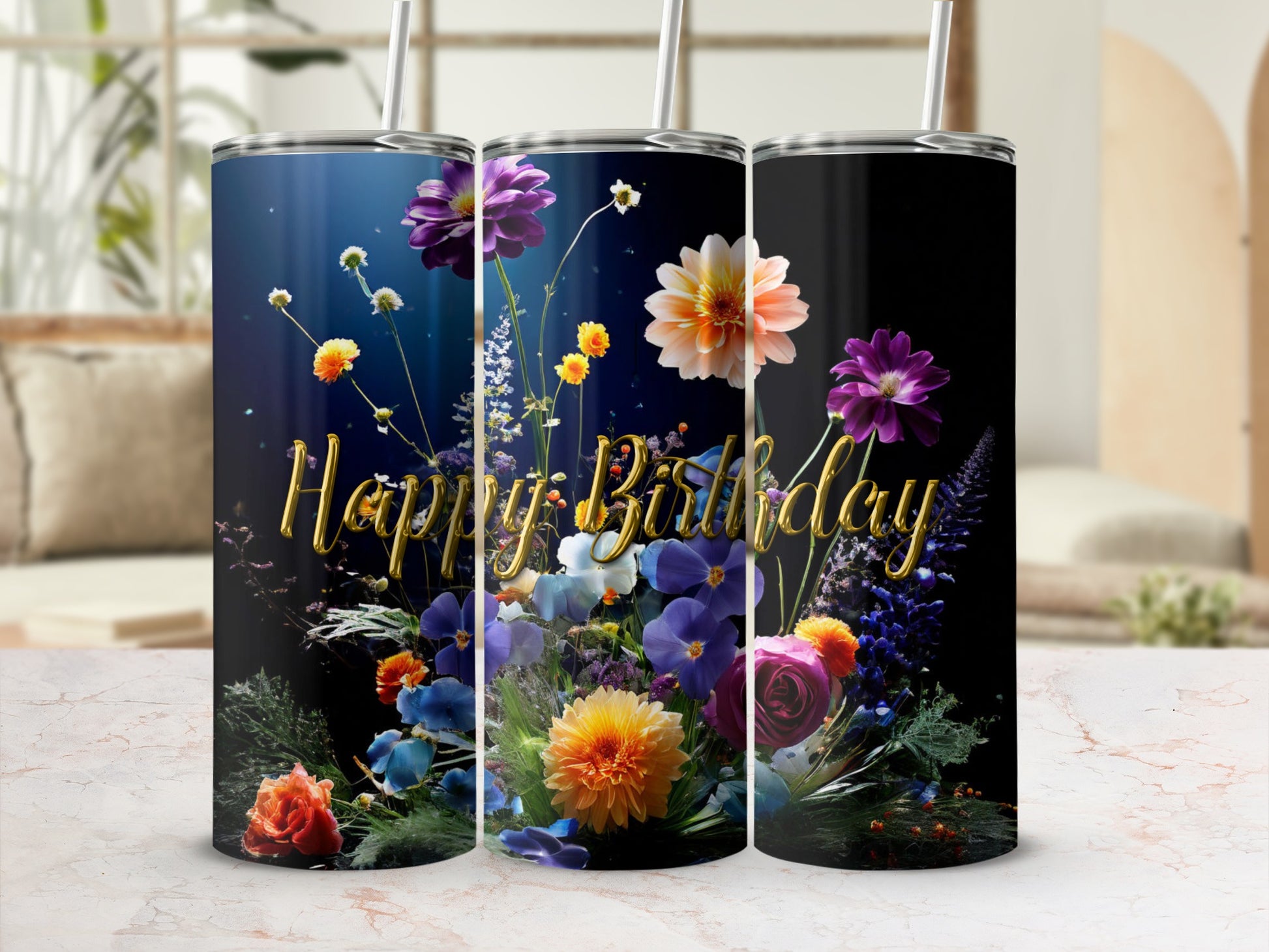 Floral "Happy Birthday" design on three black tumblers with straws.