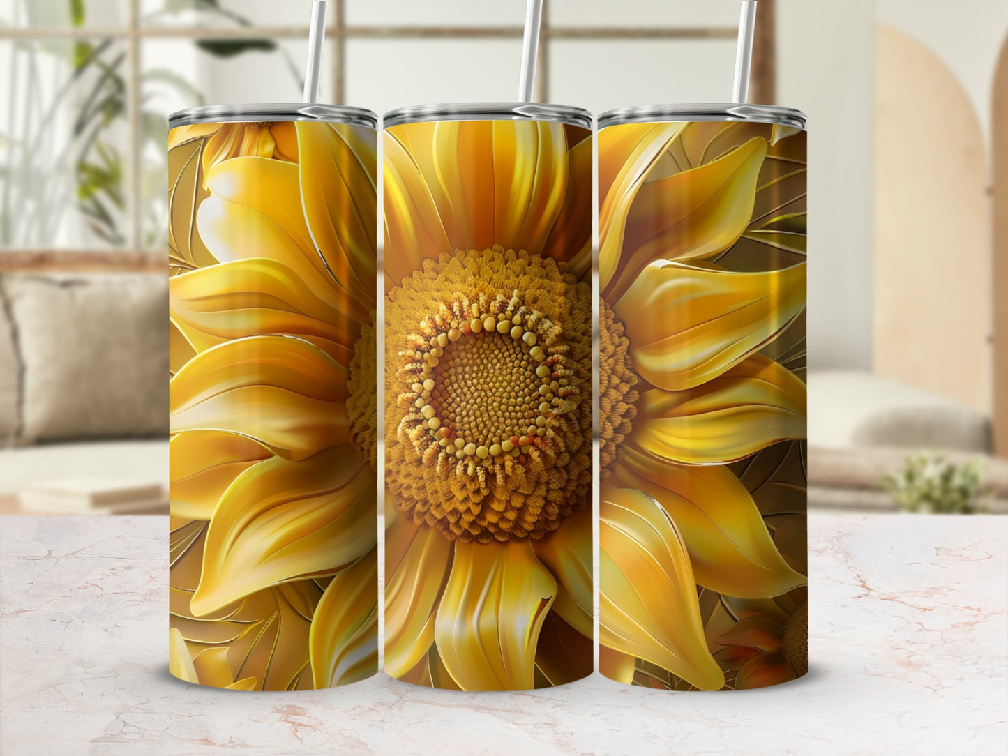 Three tumblers with a close-up sunflower design.