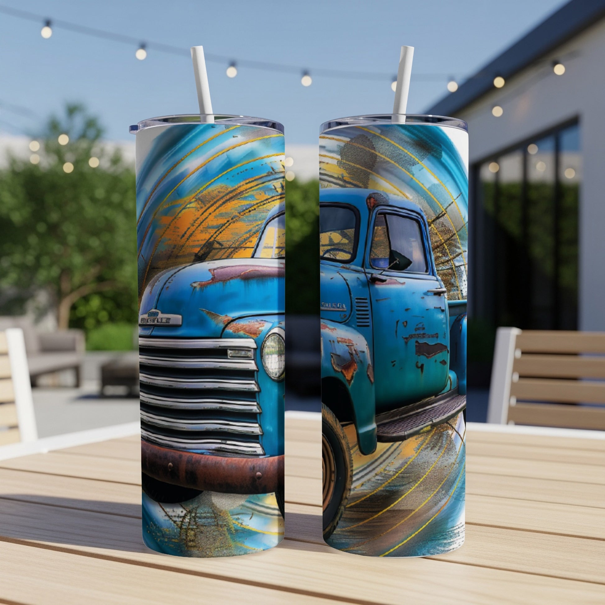 Two blue vintage trucks with gold abstract details on tumblers.
