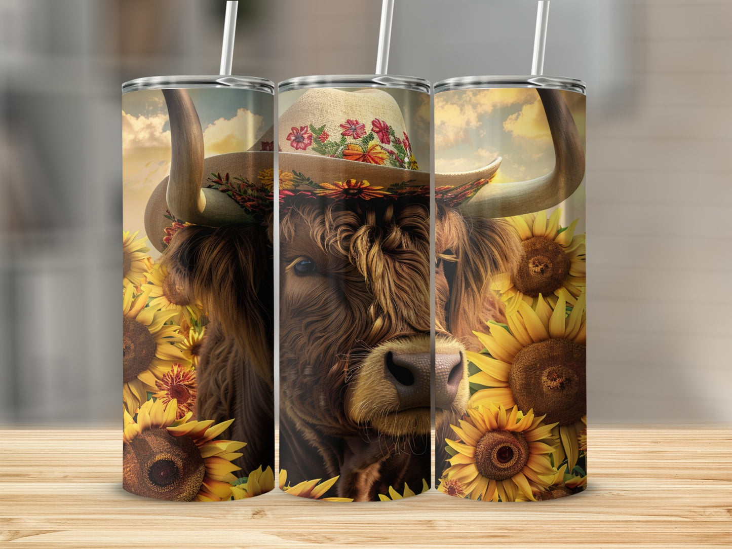 Highland cow in a floral hat surrounded by sunflowers.