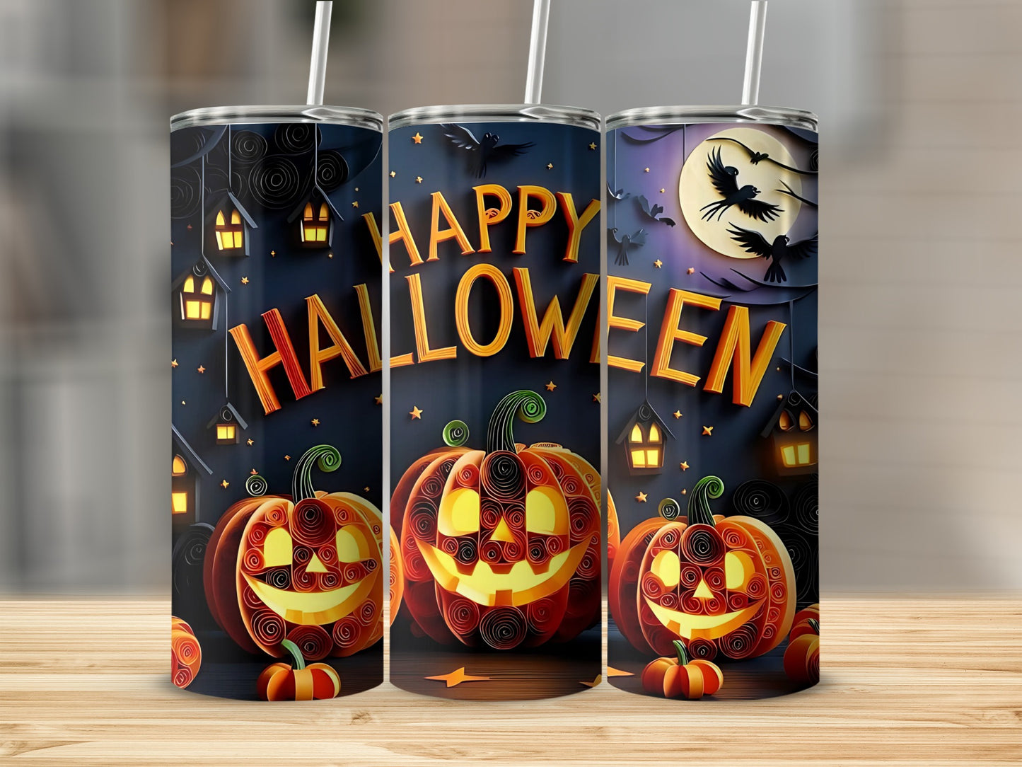 Three tumblers with Halloween theme featuring jack-o'-lanterns and "Happy Halloween" text.