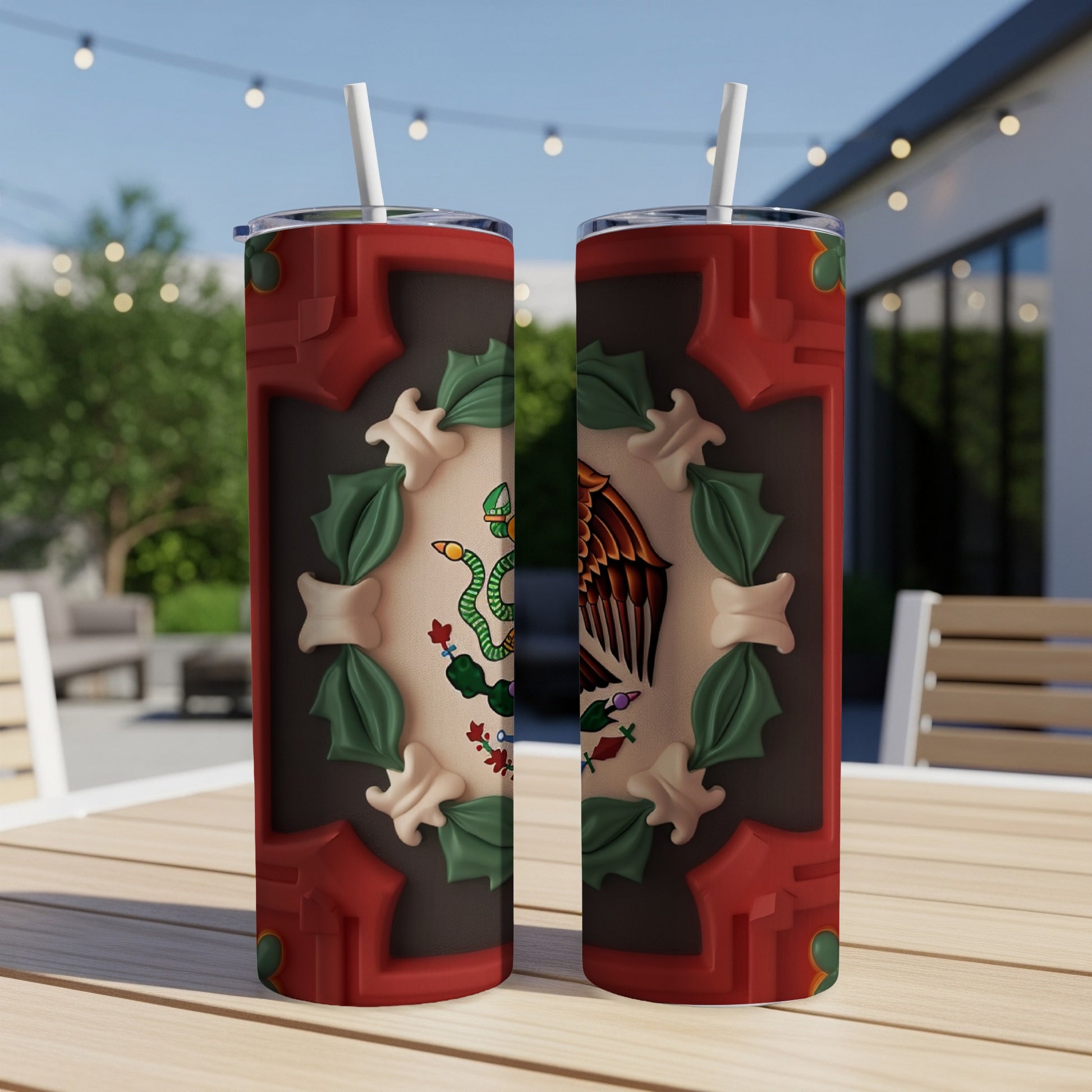 Two tumblers featuring the Mexican coat of arms on a wooden table.