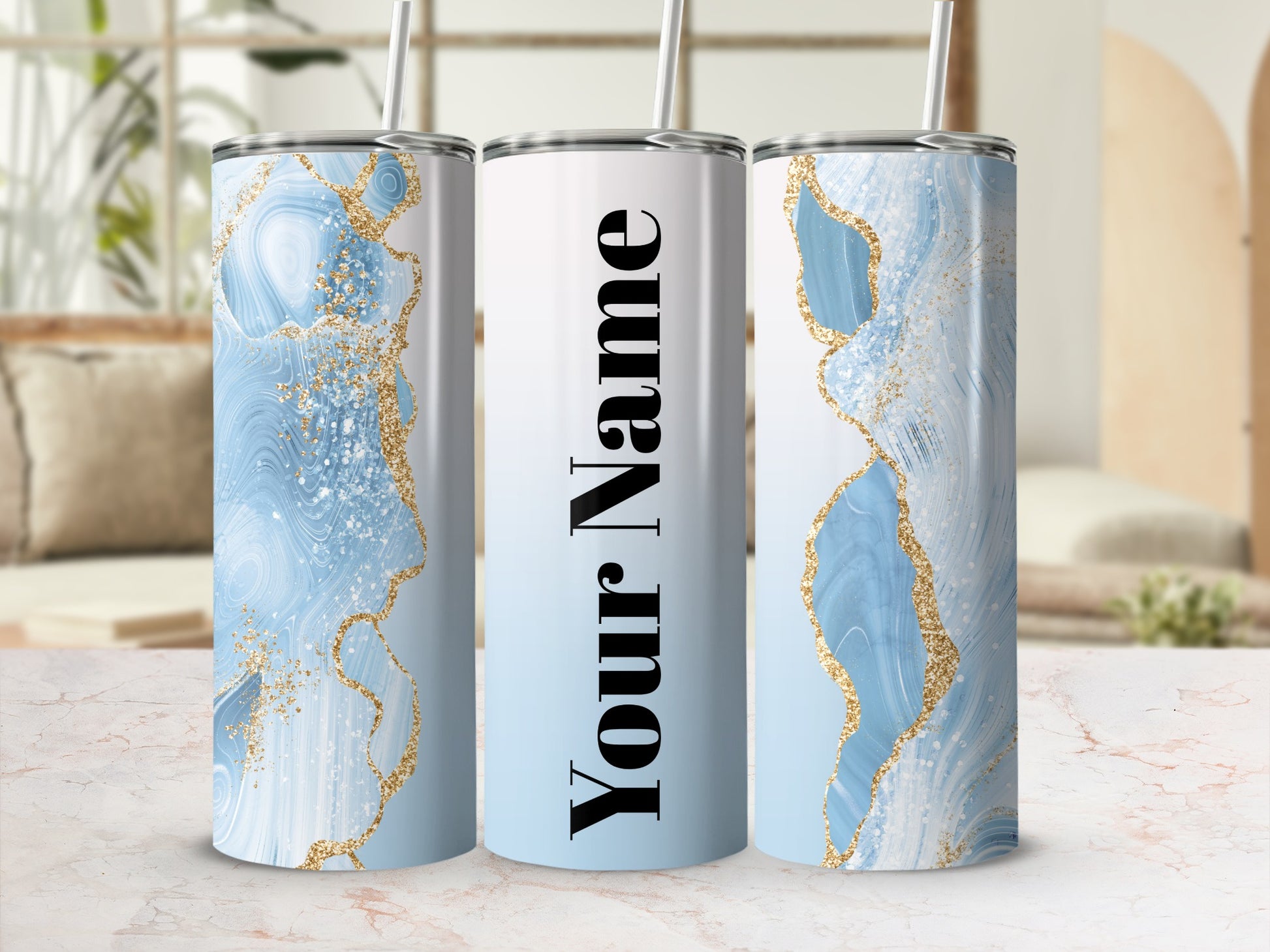Personalized Blue and Gold Marble Tumbler Design