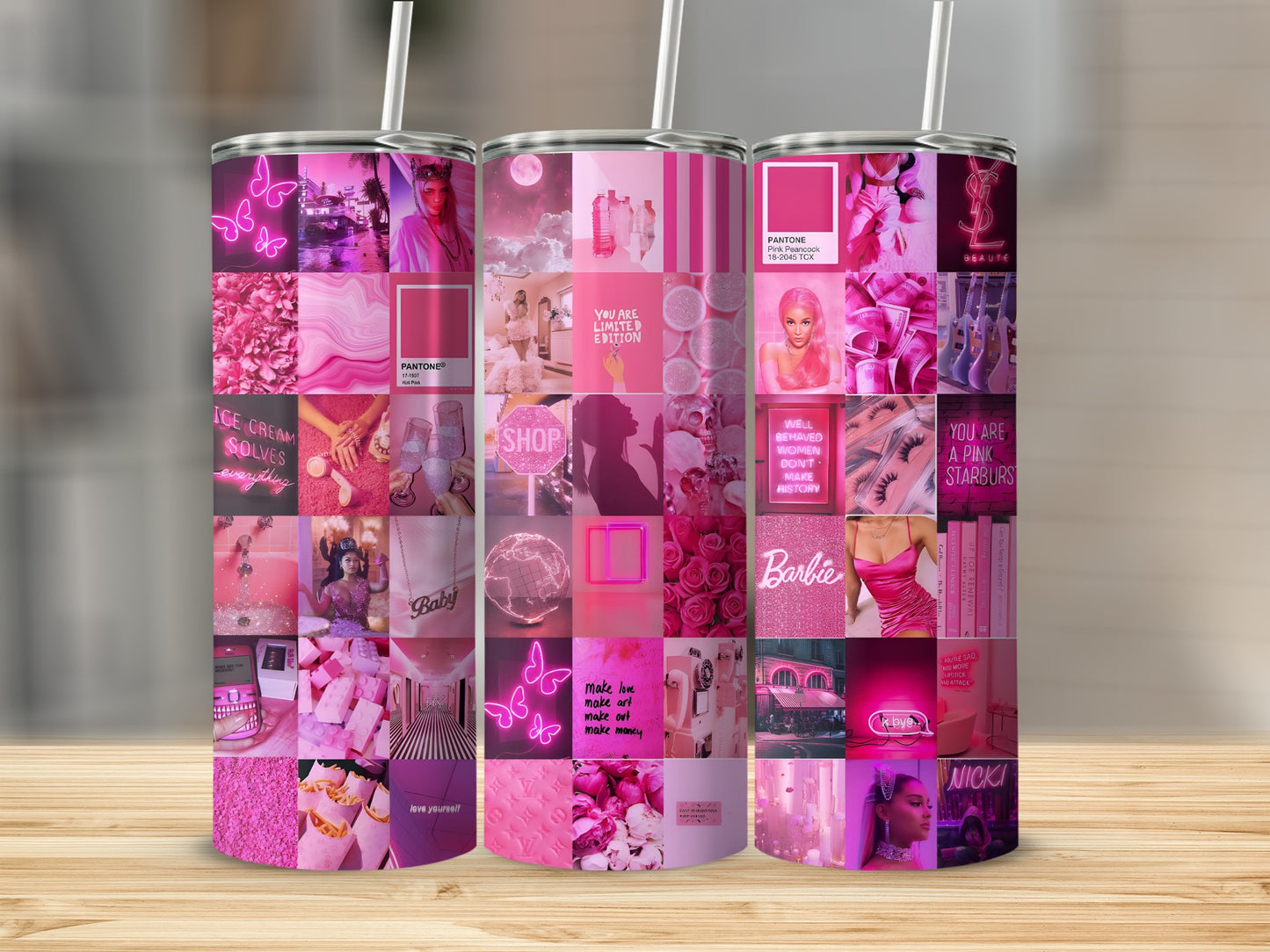 Pink collage with text and butterflies, featuring a Barbie theme and 'NICKI' branding.