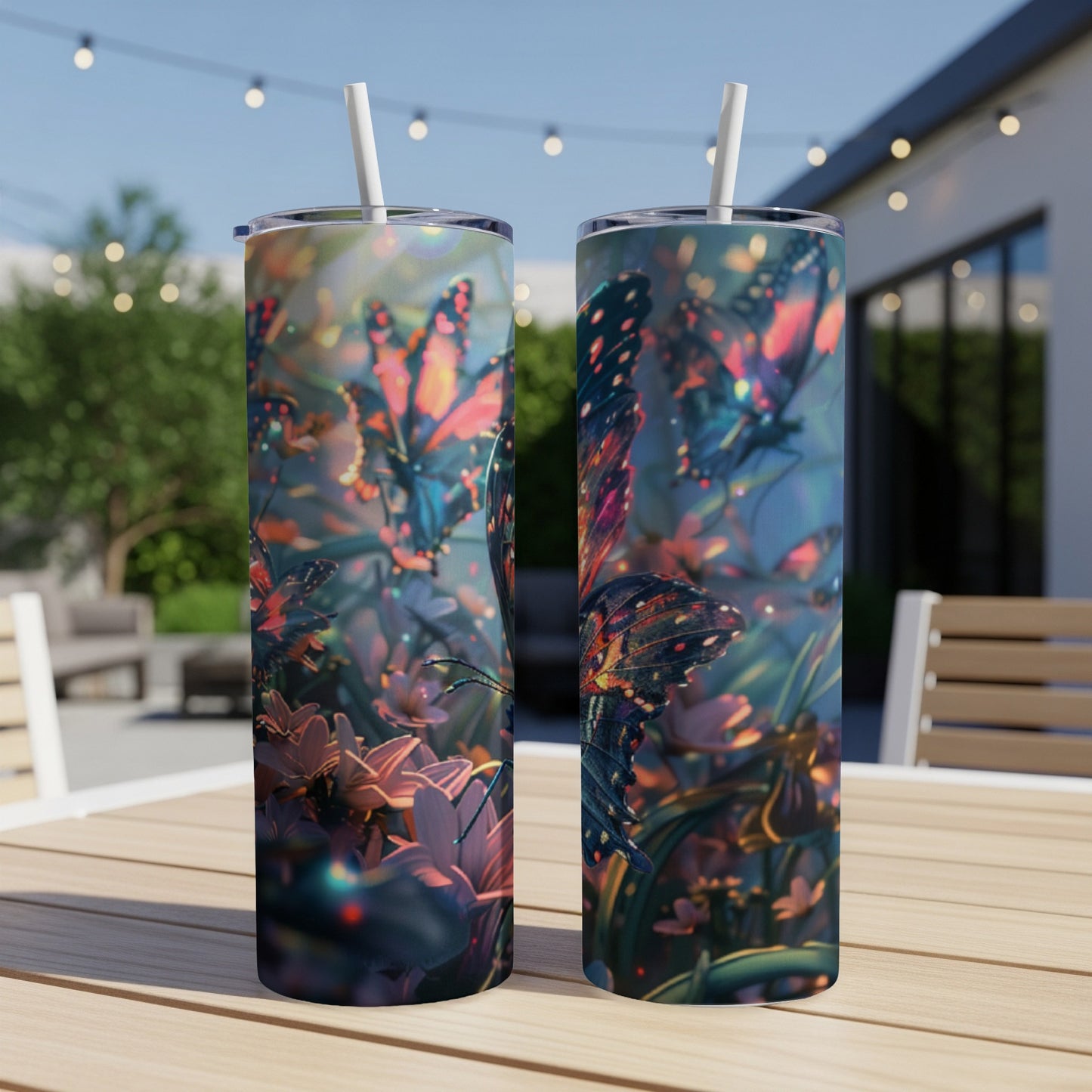 Two tumblers with colorful butterflies and flowers design, shown outdoors.