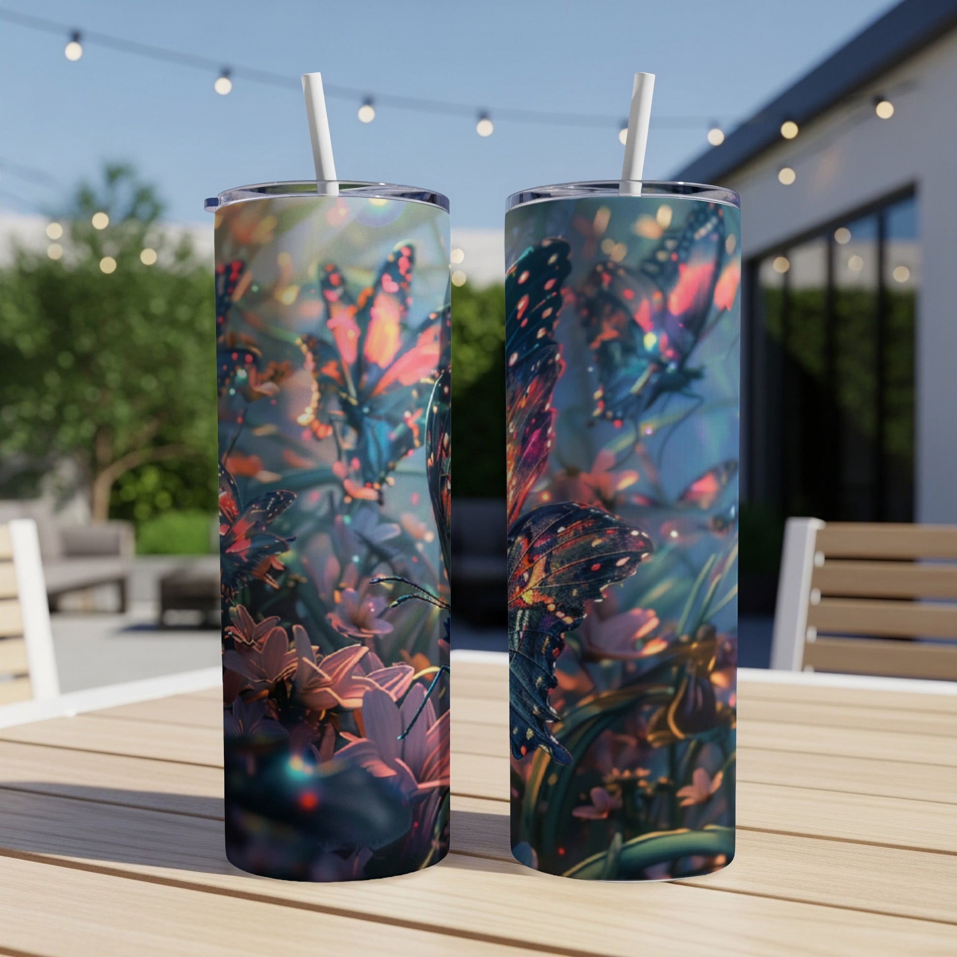 Two tumblers with colorful butterflies and flowers design, shown outdoors.
