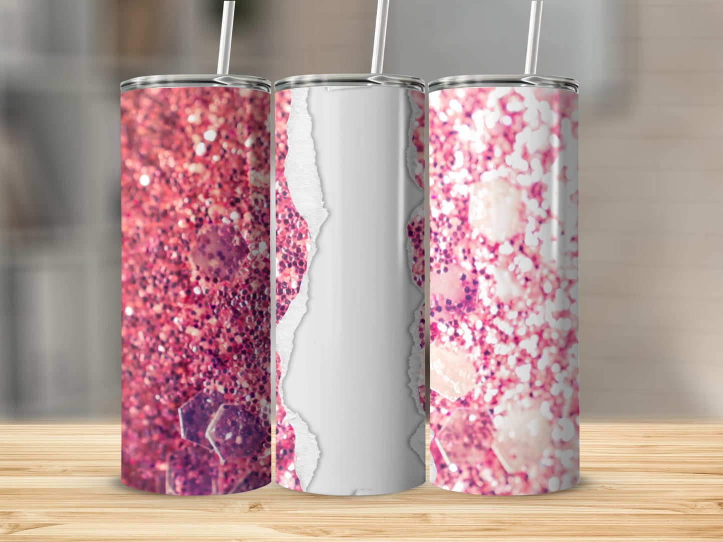 Three tumblers with pink glitter and torn paper design.