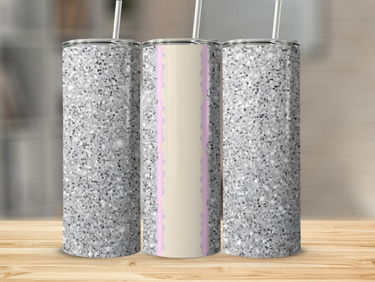 Glittery silver tumblers with a pastel pink and cream scalloped trim detail.
