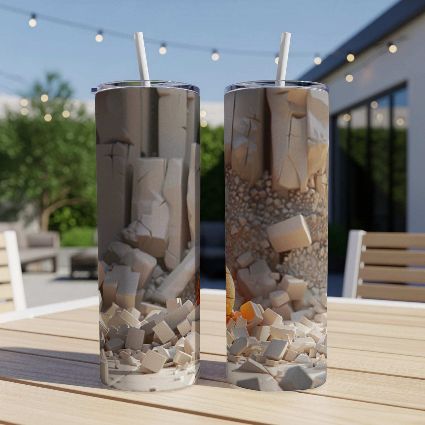 Two tumblers with a rocky, crumbling texture, displayed outdoors.