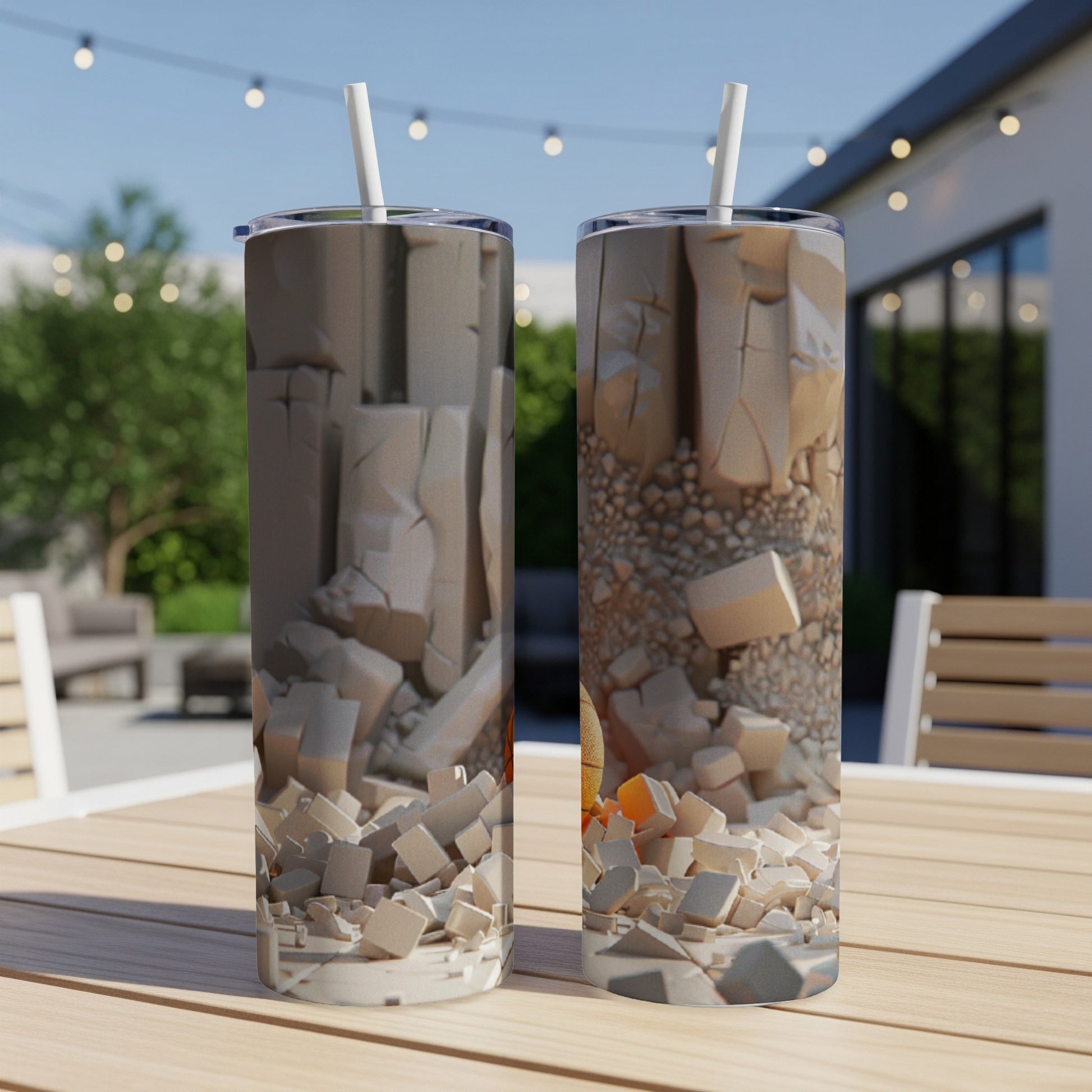 Two tumblers with a rocky, crumbling texture, displayed outdoors.
