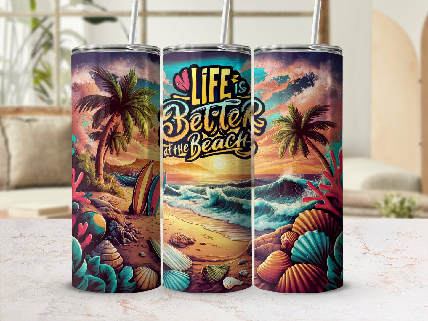 Tumbler with "Life is Better at the Beach" text, featuring seashells and ocean waves.