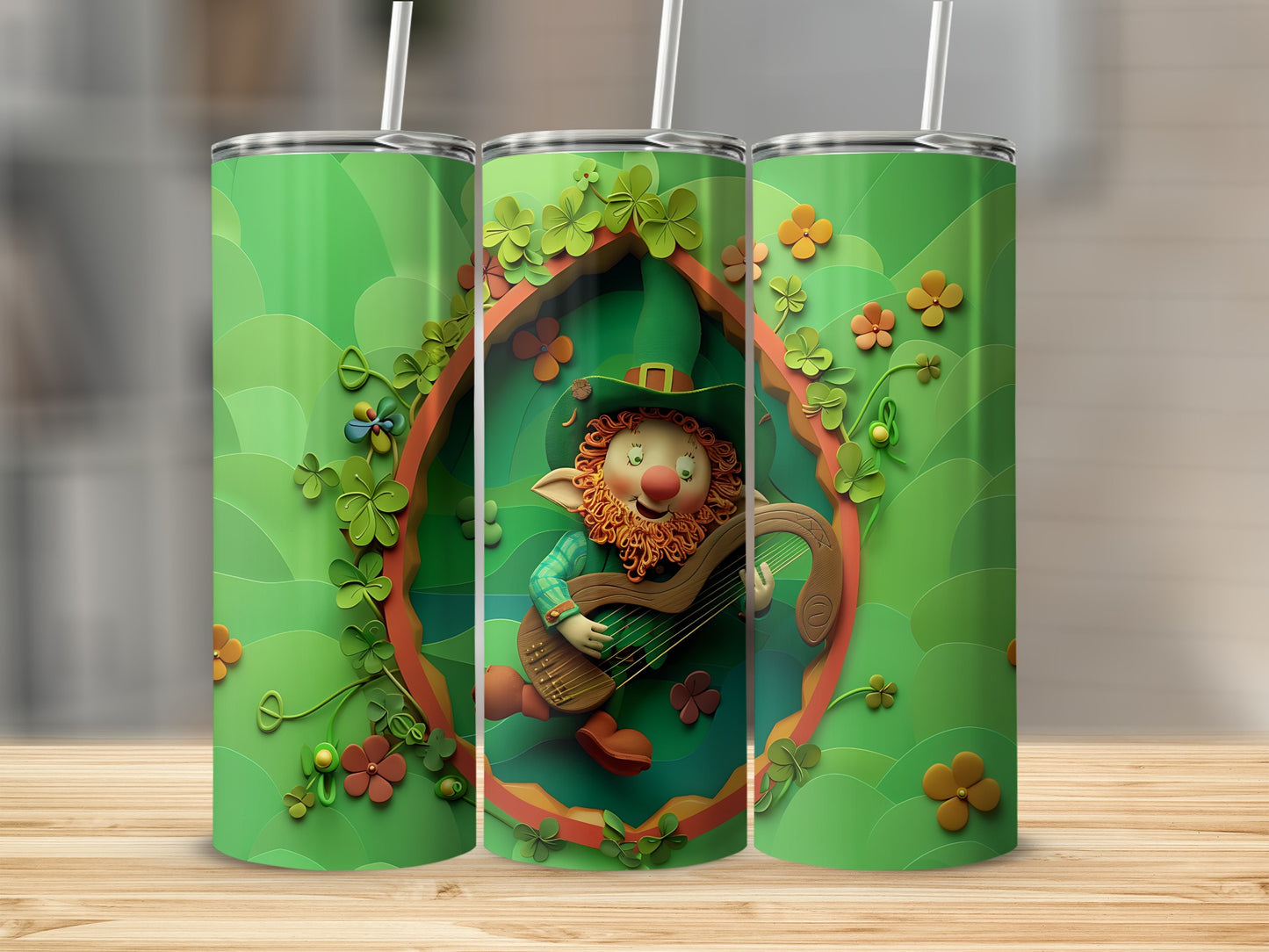 Leprechaun playing harp surrounded by shamrocks on a green tumbler.