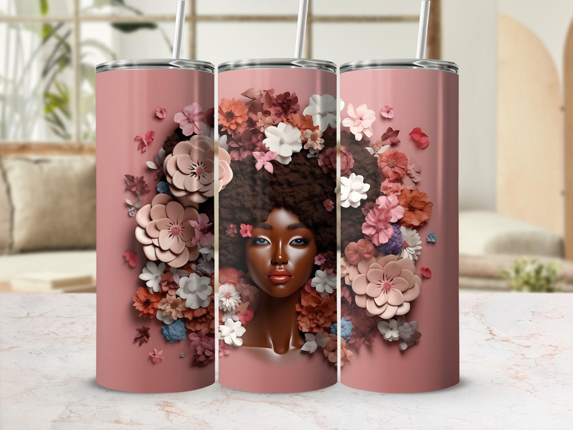 Pink tumbler with a woman's portrait surrounded by floral elements.