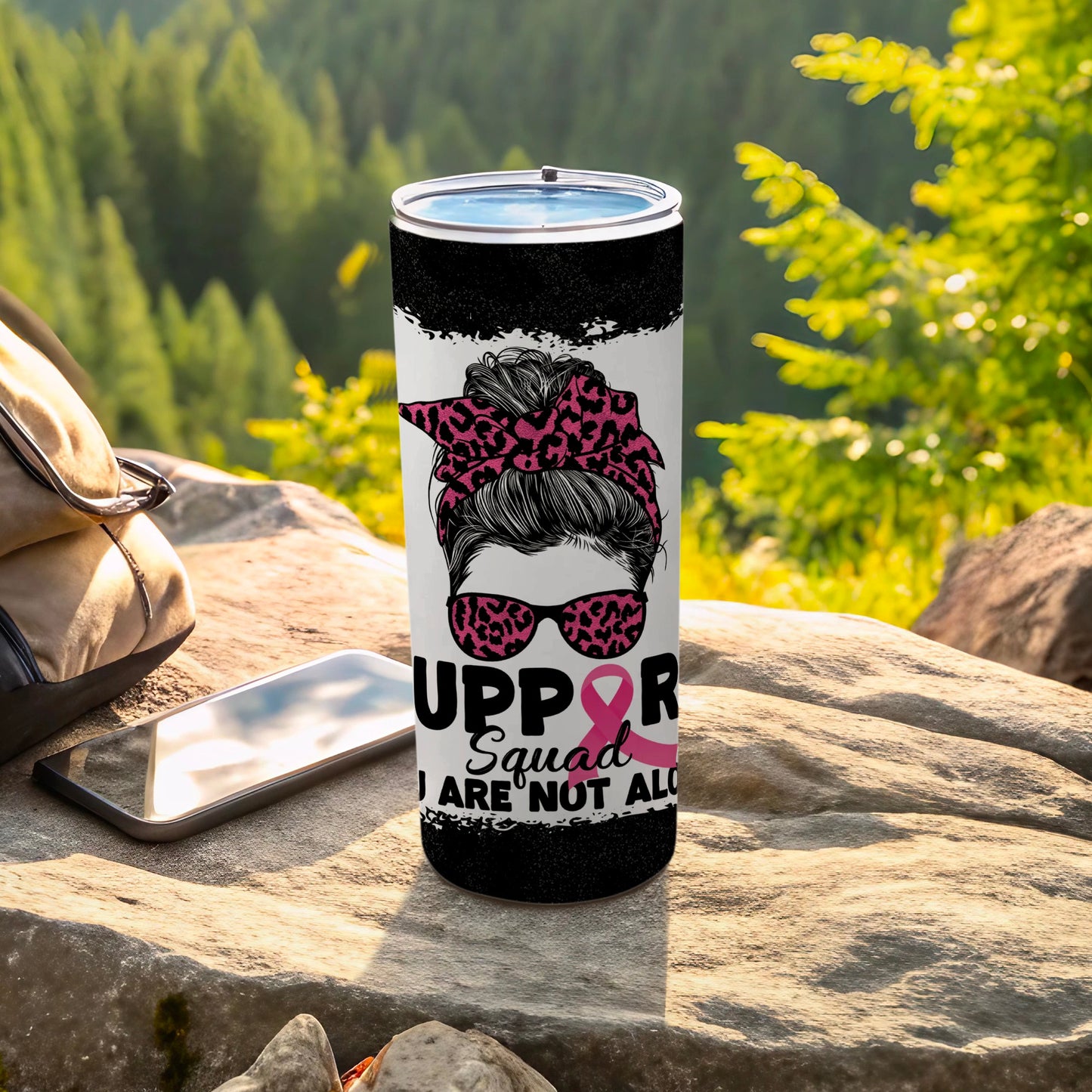 Tumbler with leopard print bandana, sunglasses, and "SUPPORT GIRL/WOMAN" text.