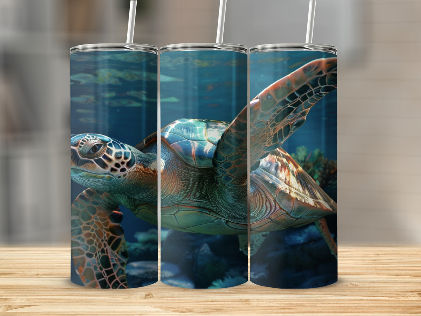 Sea turtle swimming underwater with coral and rocks.