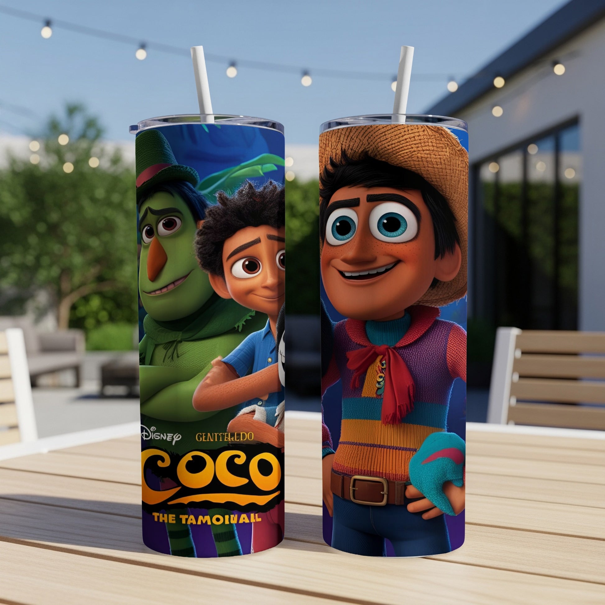 Two tall tumblers featuring Miguel and Hector from Disney's Coco movie.