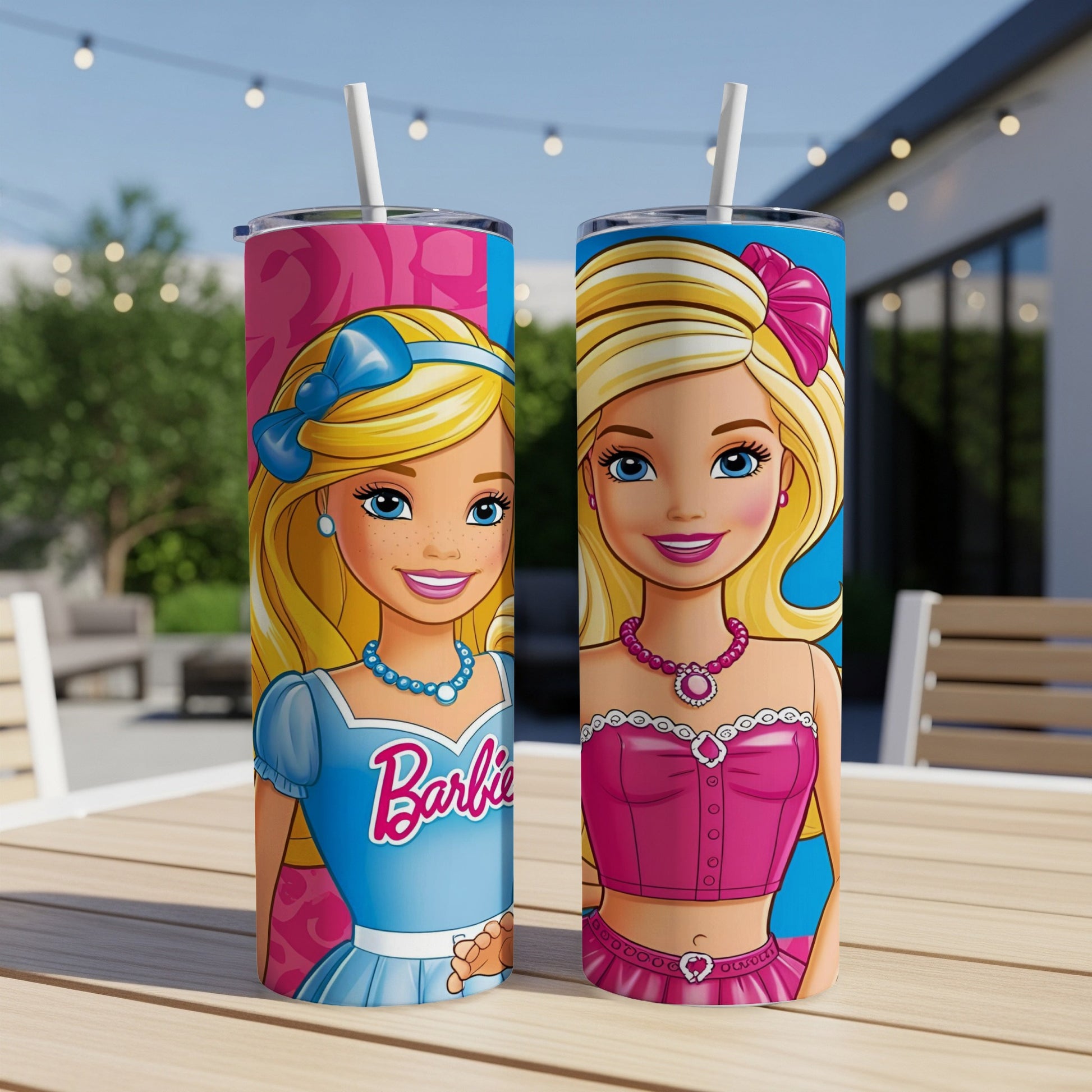 Two Barbie tumblers with blonde hair and pink outfits.