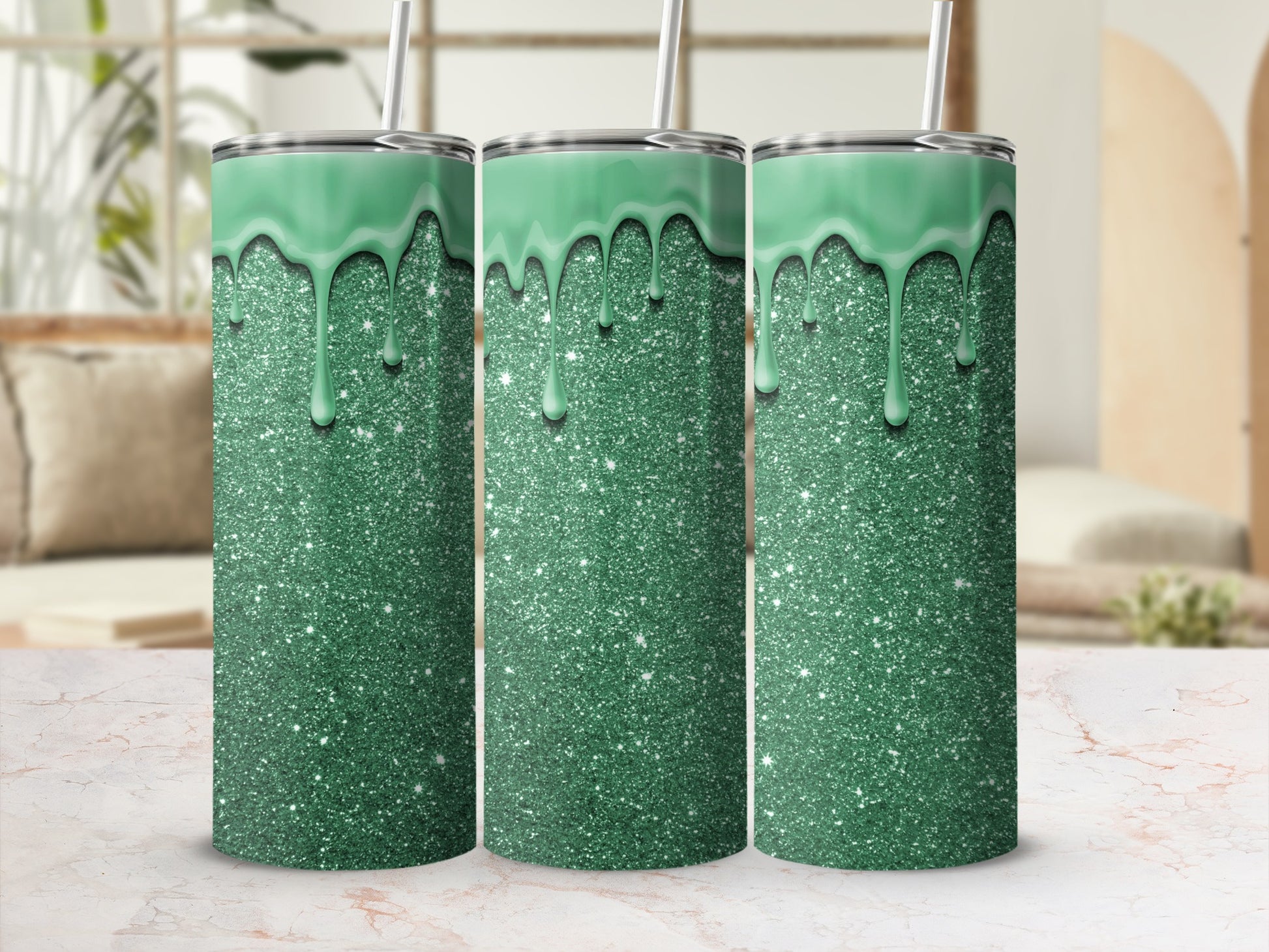 Sparkling Green Glitter Tumbler with Dripping Design