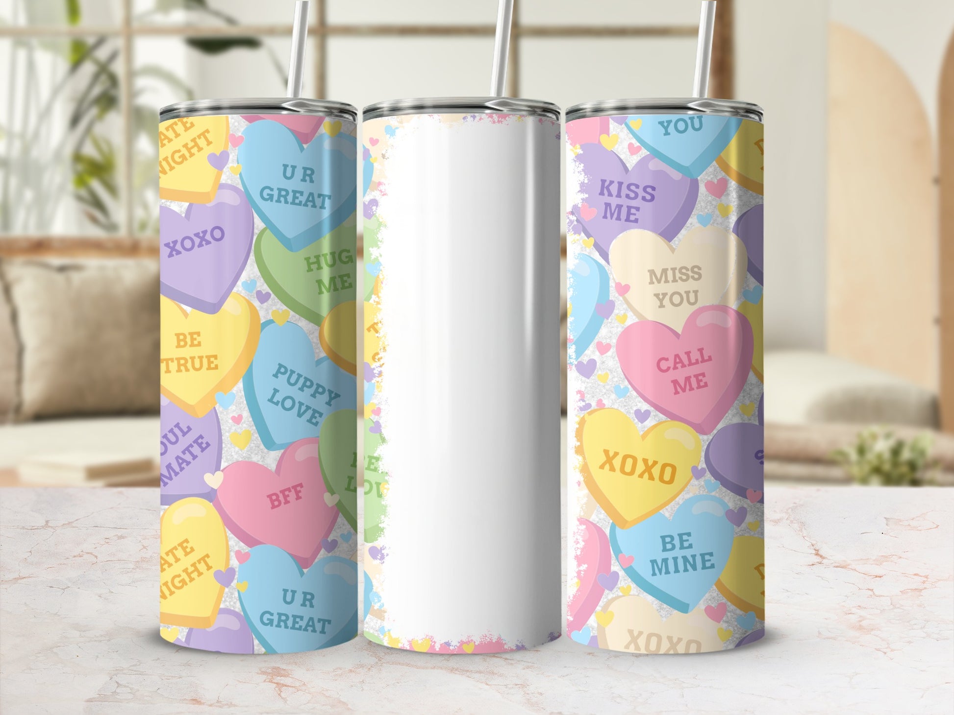 Valentine's Day heart candies pattern tumbler with XOXO and love messages.