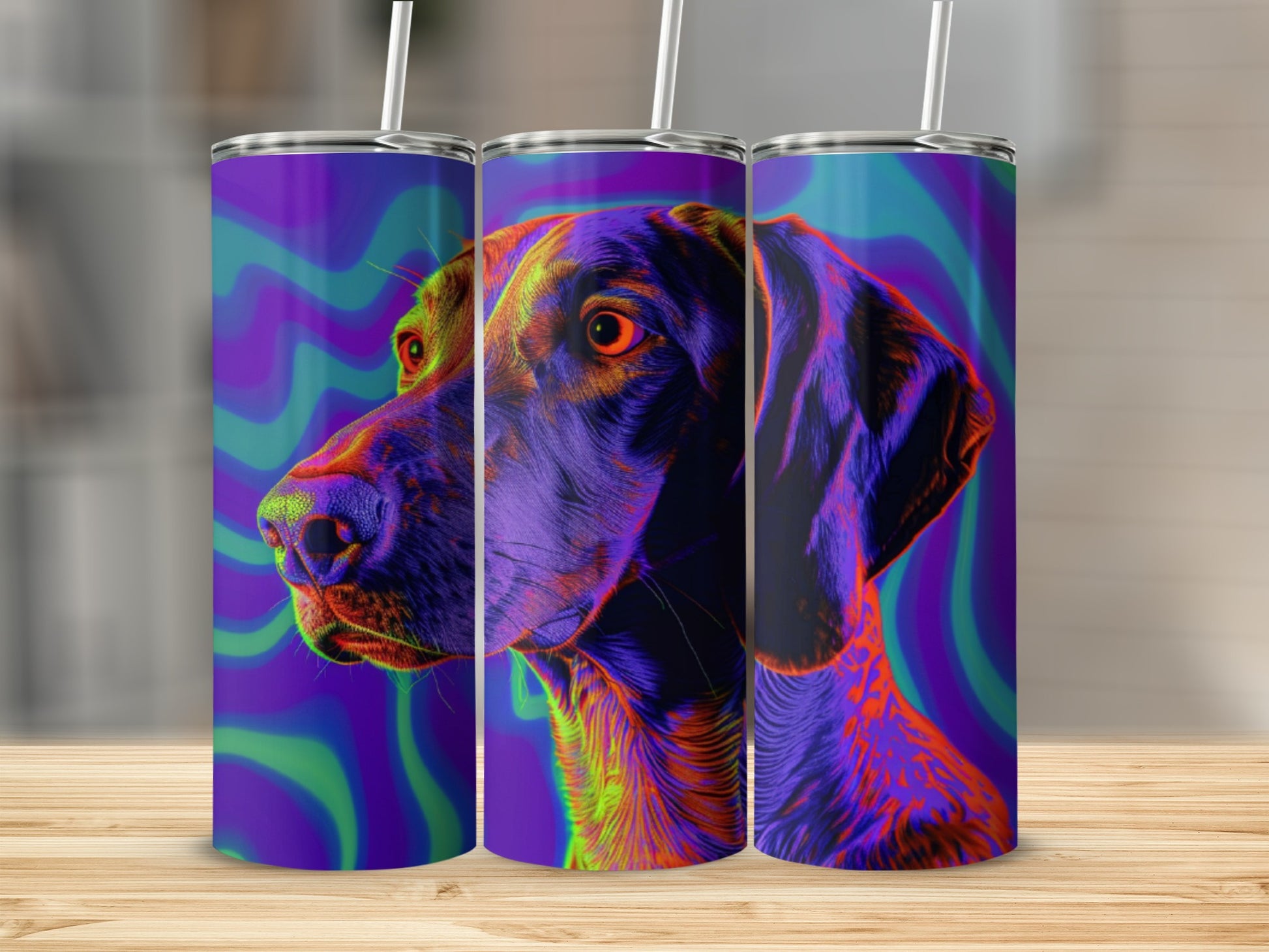 Three tumblers with a vibrant dog portrait against a psychedelic background.