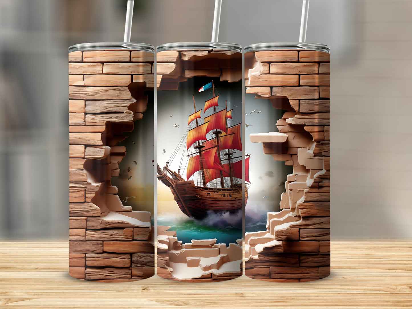 Brick Wall Pirate Ship Stainless Steel Tumbler