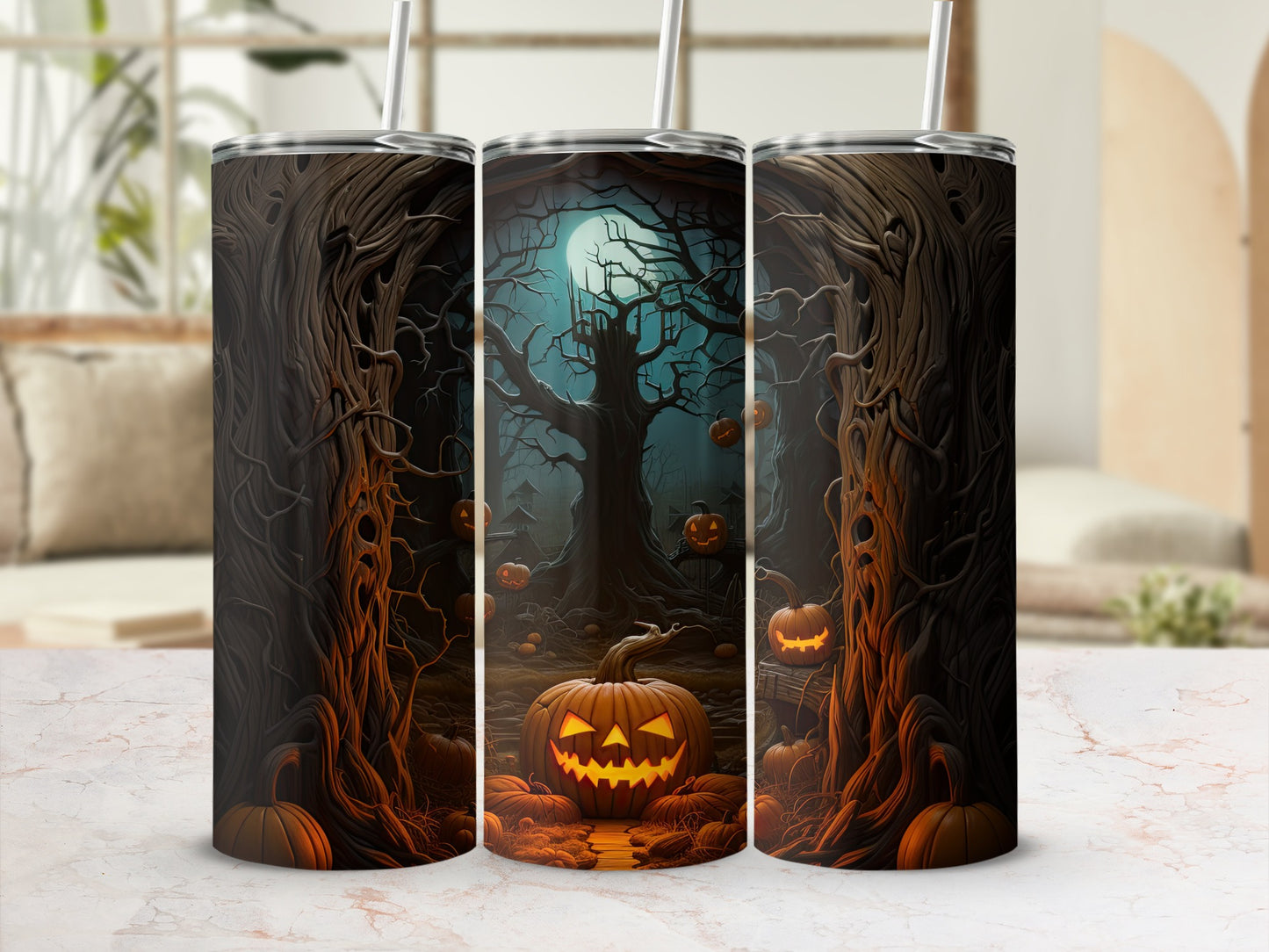 Tumbler with a spooky Halloween forest scene featuring jack-o'-lanterns and a full moon.