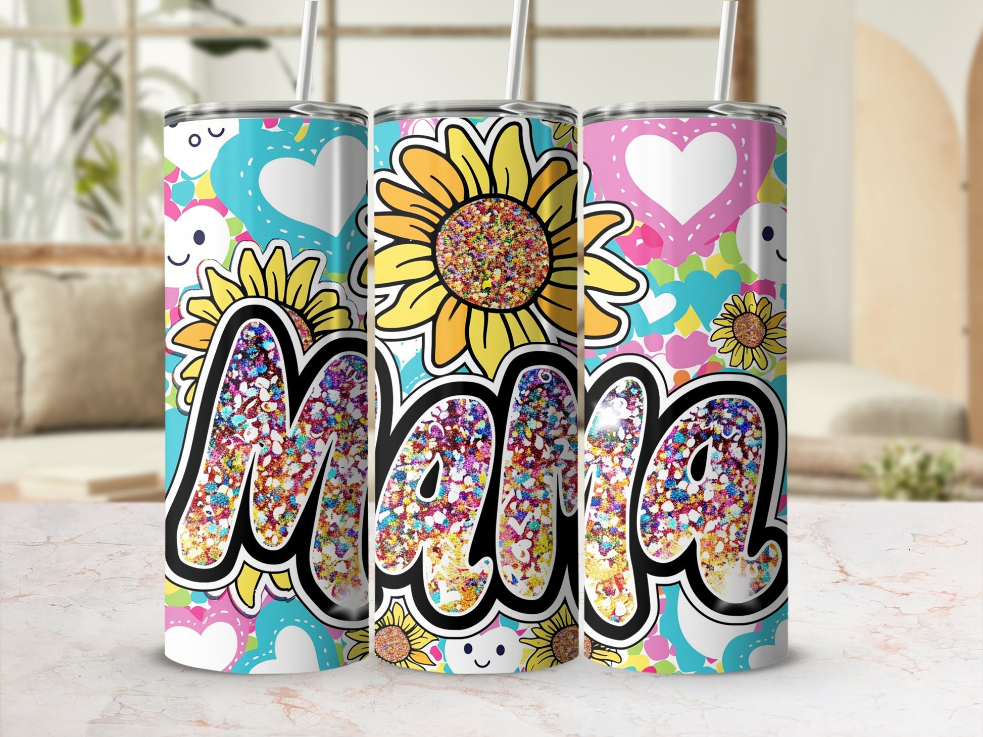 Bright and Colorful Mama Sunflower Travel Tumbler