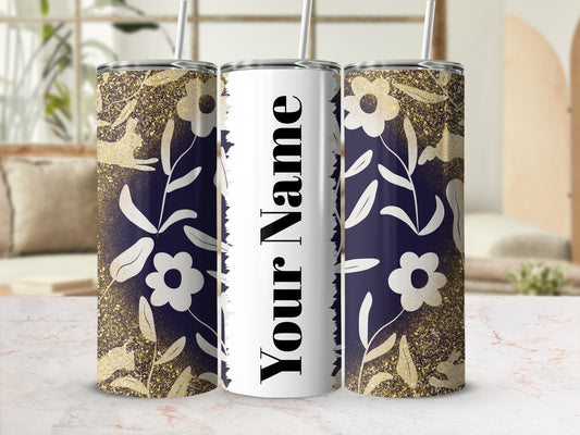 Personalized Floral Glitter Design Stainless Steel Tumbler