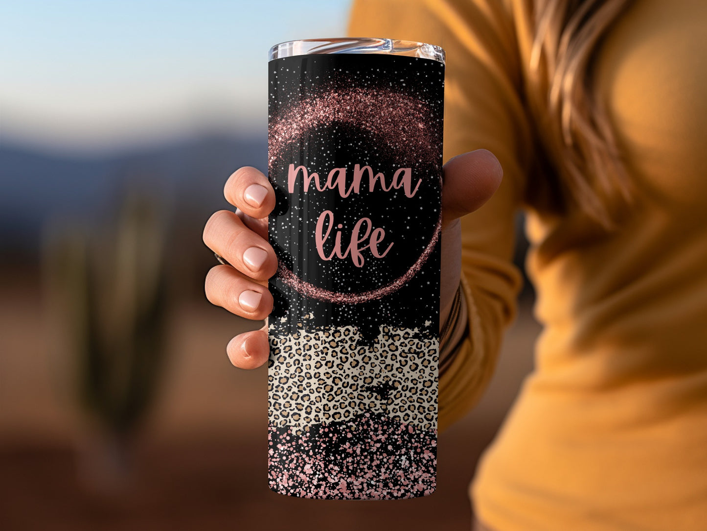 Mama Life Glitter Leopard Print Travel Mug