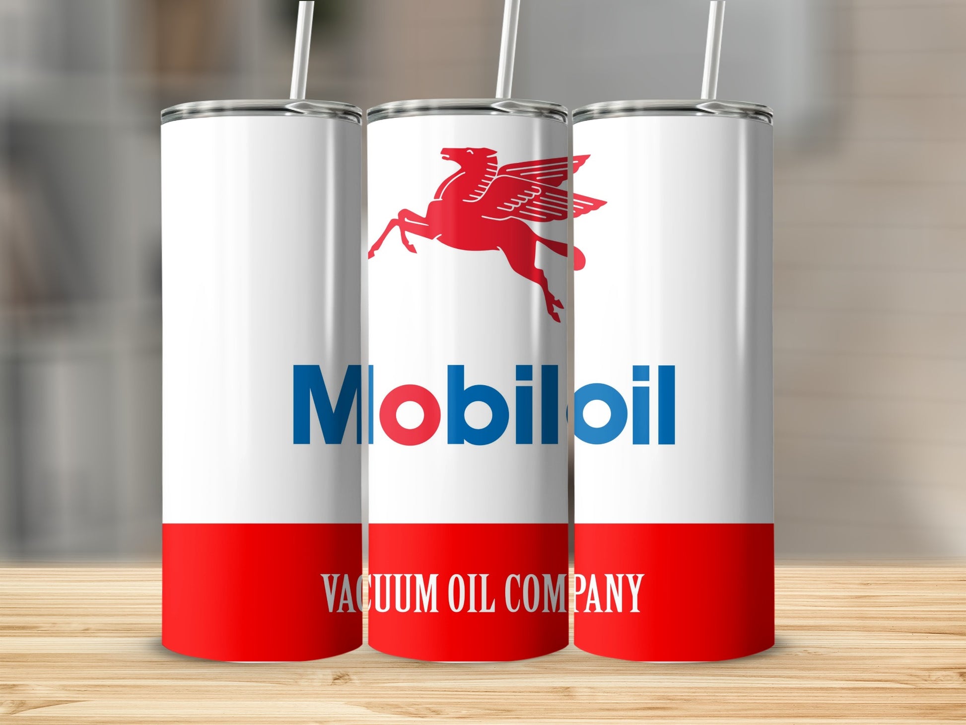 Mobil Oil vacuum oil company logo on a white tumbler with red accents.