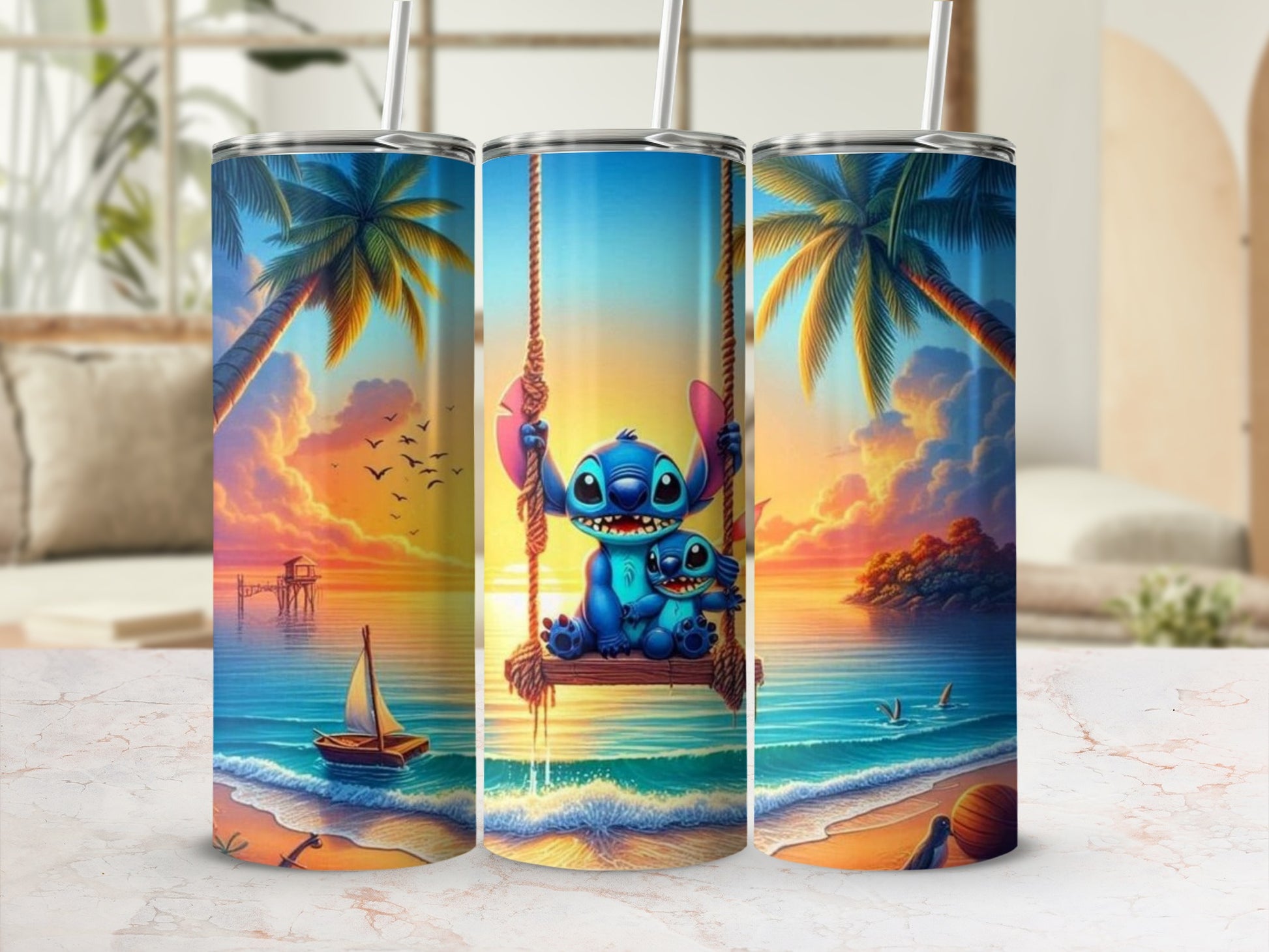 Vibrant Blue Cartoon Characters Beach Sunset Tumbler