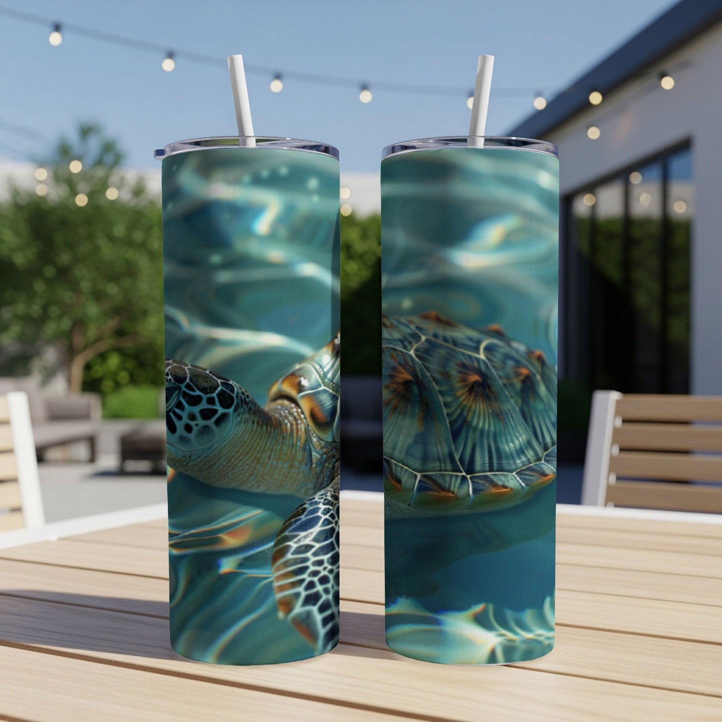 Two tumblers featuring a sea turtle swimming underwater.
