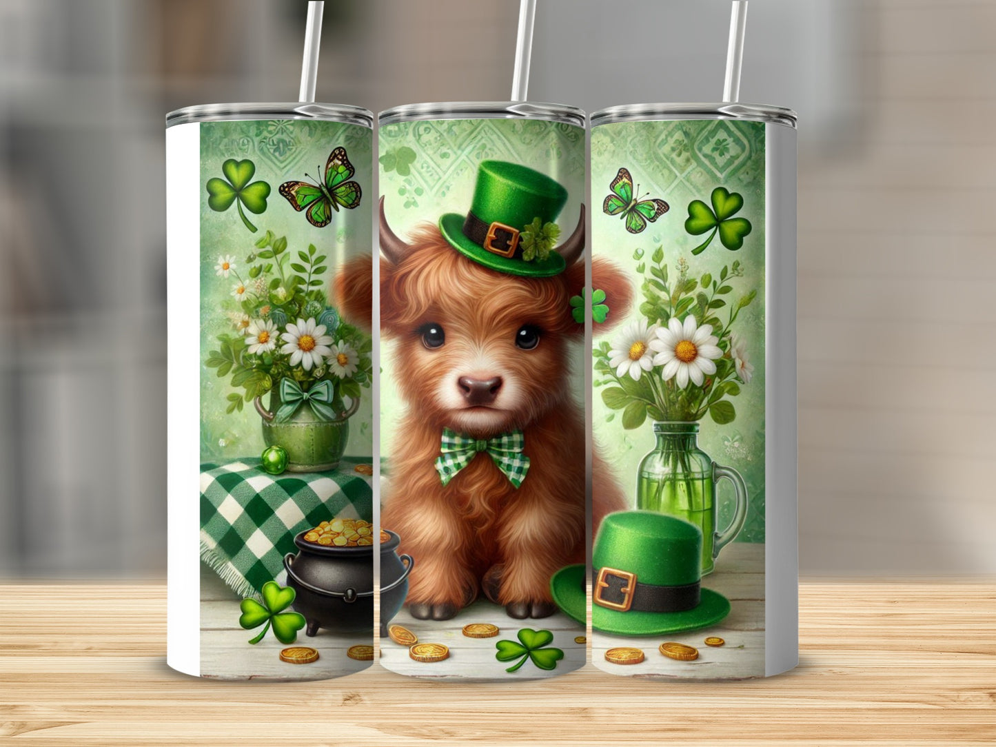 Highland cow with St. Patrick's Day decorations, shamrocks, and pot of gold.