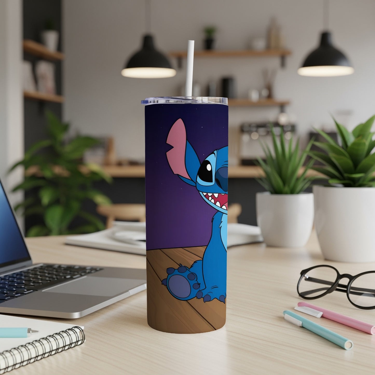 Stitch character on a tumbler with a purple starry background.