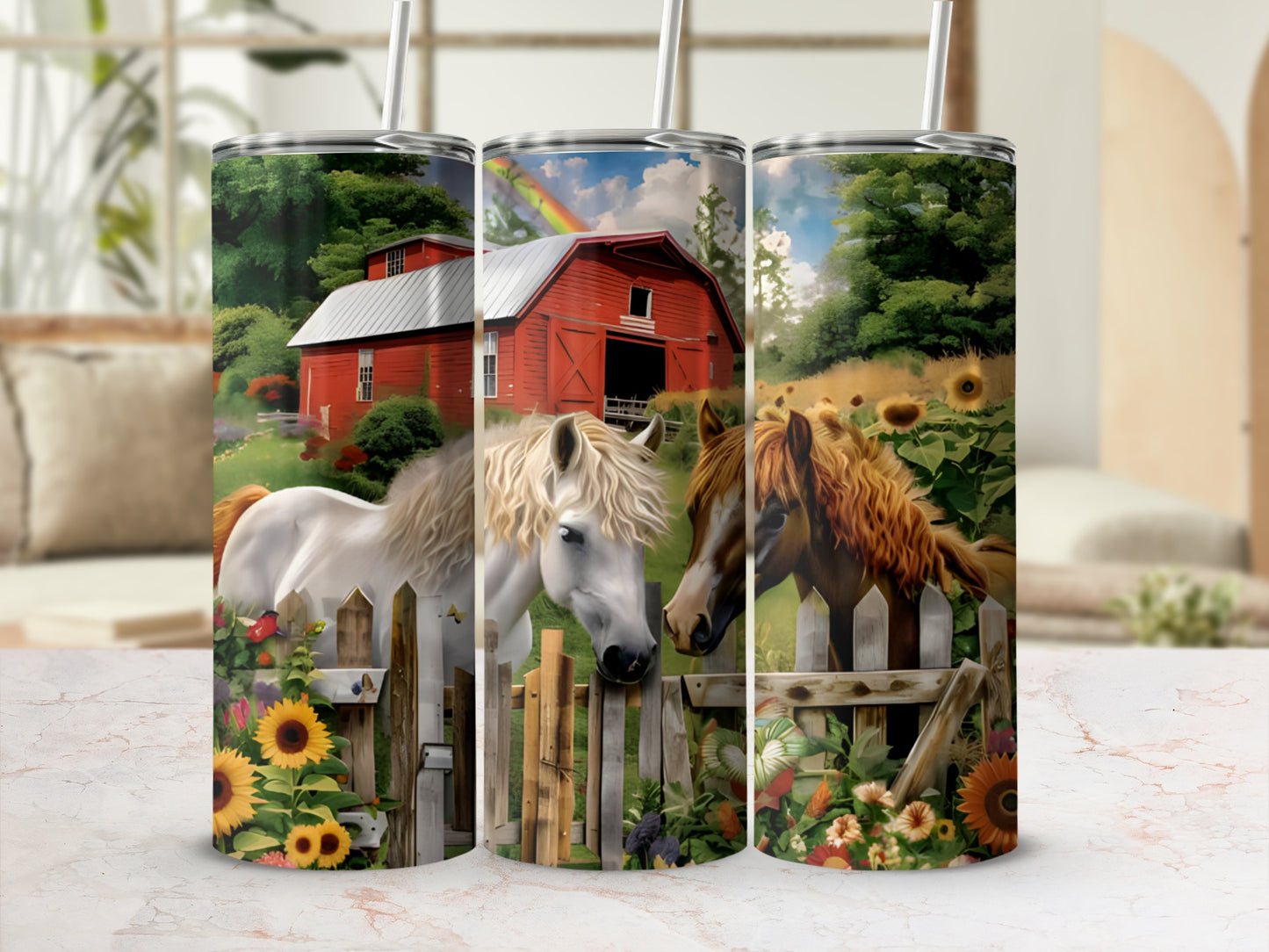 Two horses in a rural scene with sunflowers and a red barn.