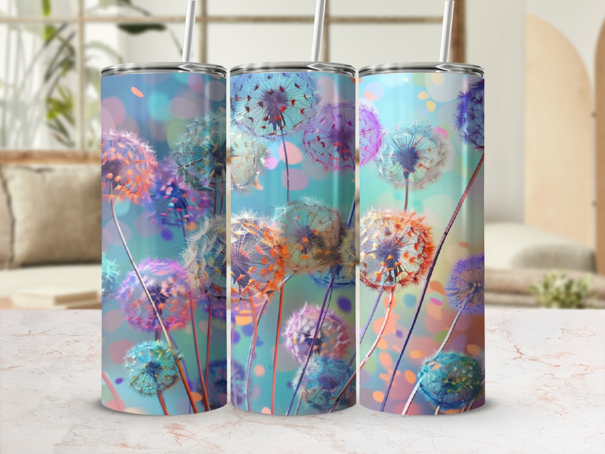 Three tumblers with a colorful dandelion seed head pattern on a marble surface.