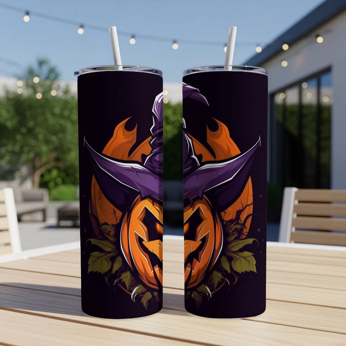 Two tumblers with a Halloween pumpkin and witch hat design.