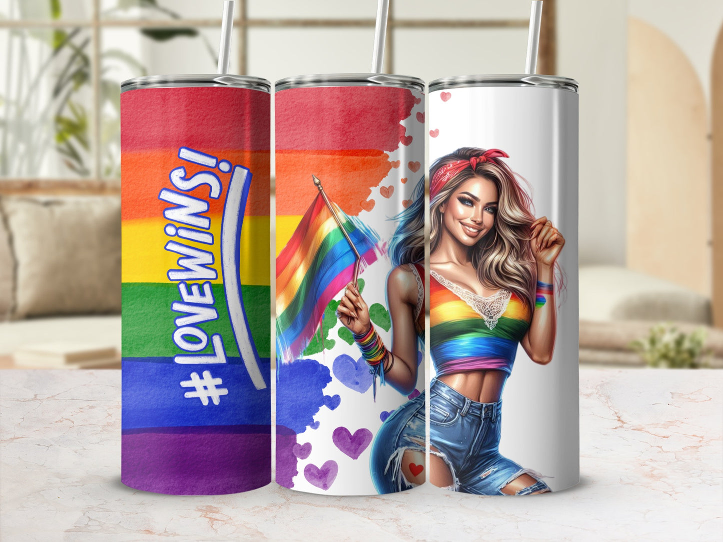 Three tumblers, one with rainbow stripes and "#LoveWins!", one with rainbow flag and hearts, and one with a woman.