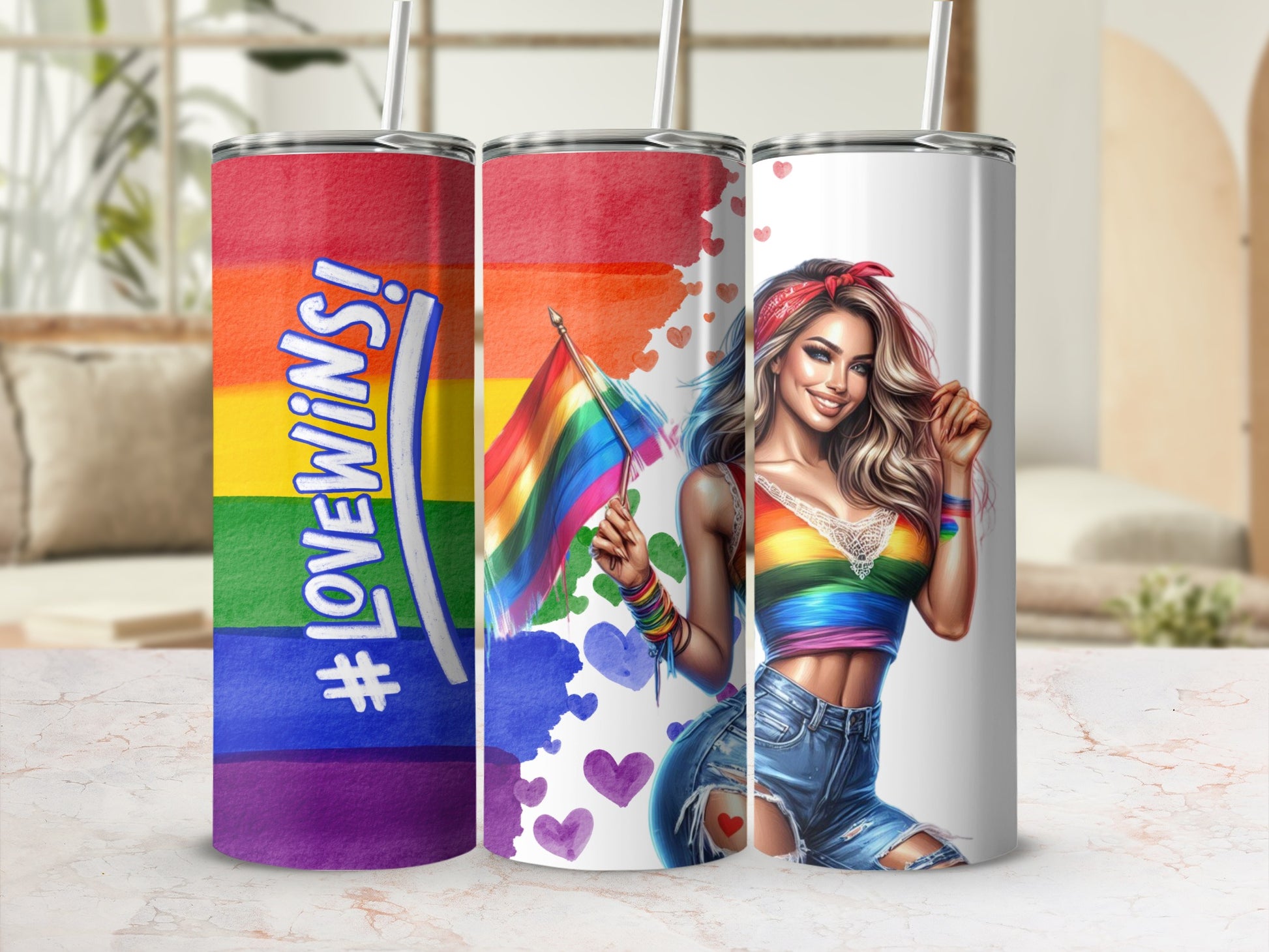 Three tumblers, one with rainbow stripes and "#LoveWins!", one with rainbow flag and hearts, and one with a woman.