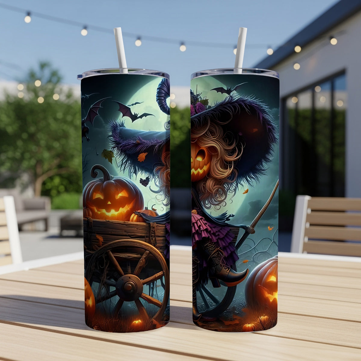 Halloween tumblers with a witch, pumpkins, bats, and wagon design.